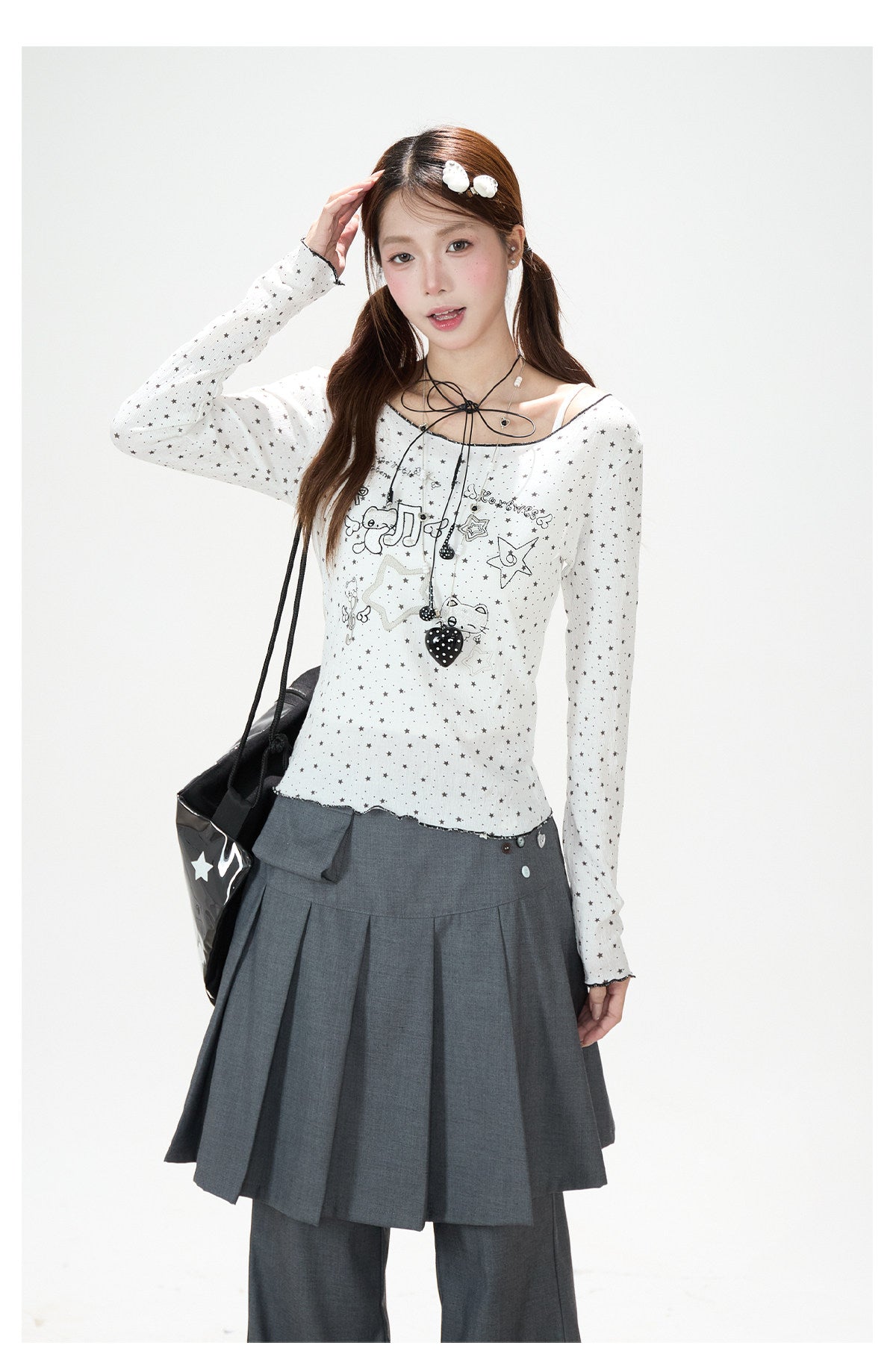 Star Cartoon Fitted Long Sleeve Top & Pleated Skirt-Layer Wide-Leg Pants