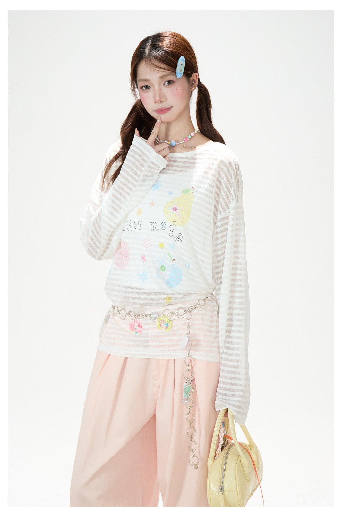 Playful Stripe Graphic Sheer Long Sleeve Top & Pink Wide-Leg Pants