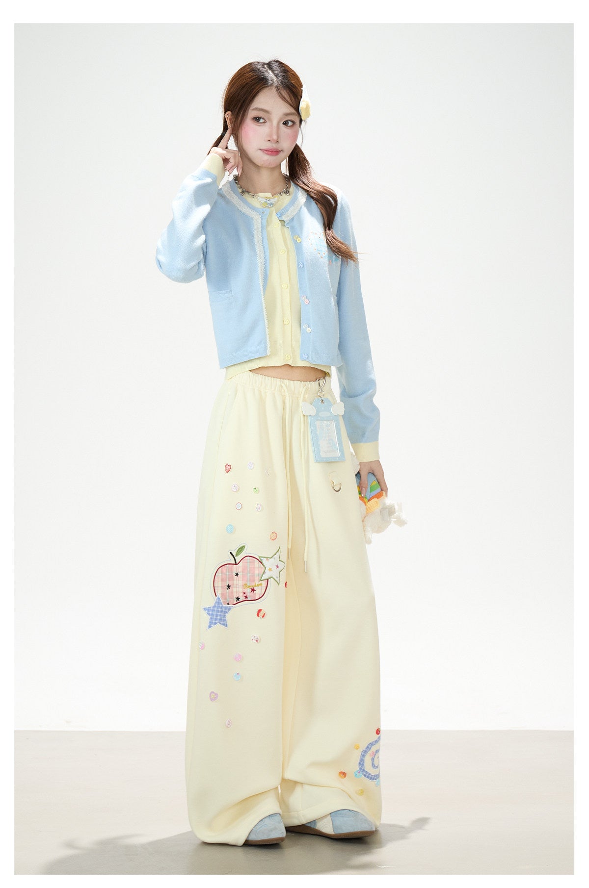 Faux Layered Soft Knit Cardigan & Apple Star Patch Wide-Leg Pants