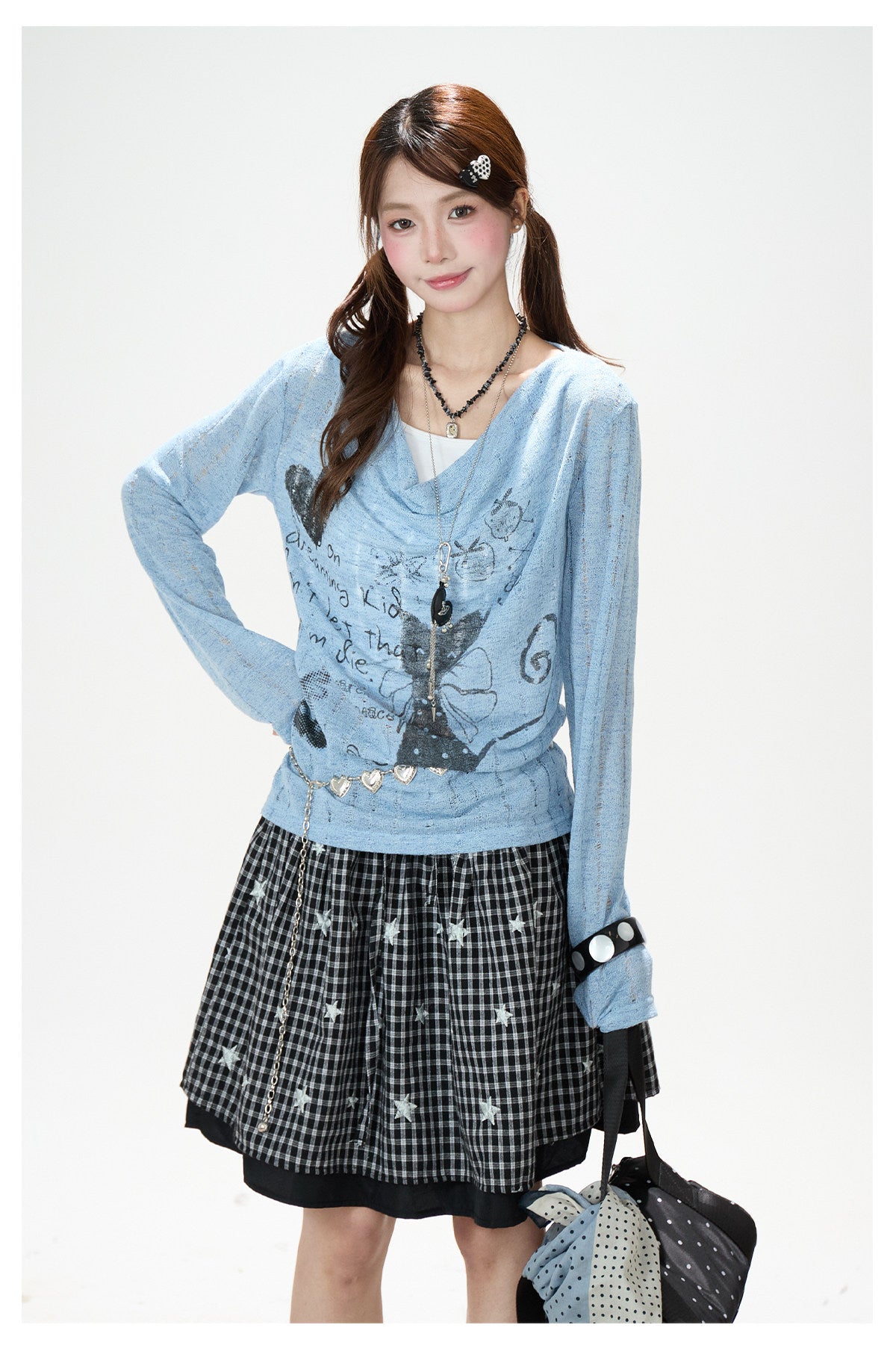 Graffiti Cutout Cowl-Neck Long Sleeve Top & Star Plaid Mini Skirt