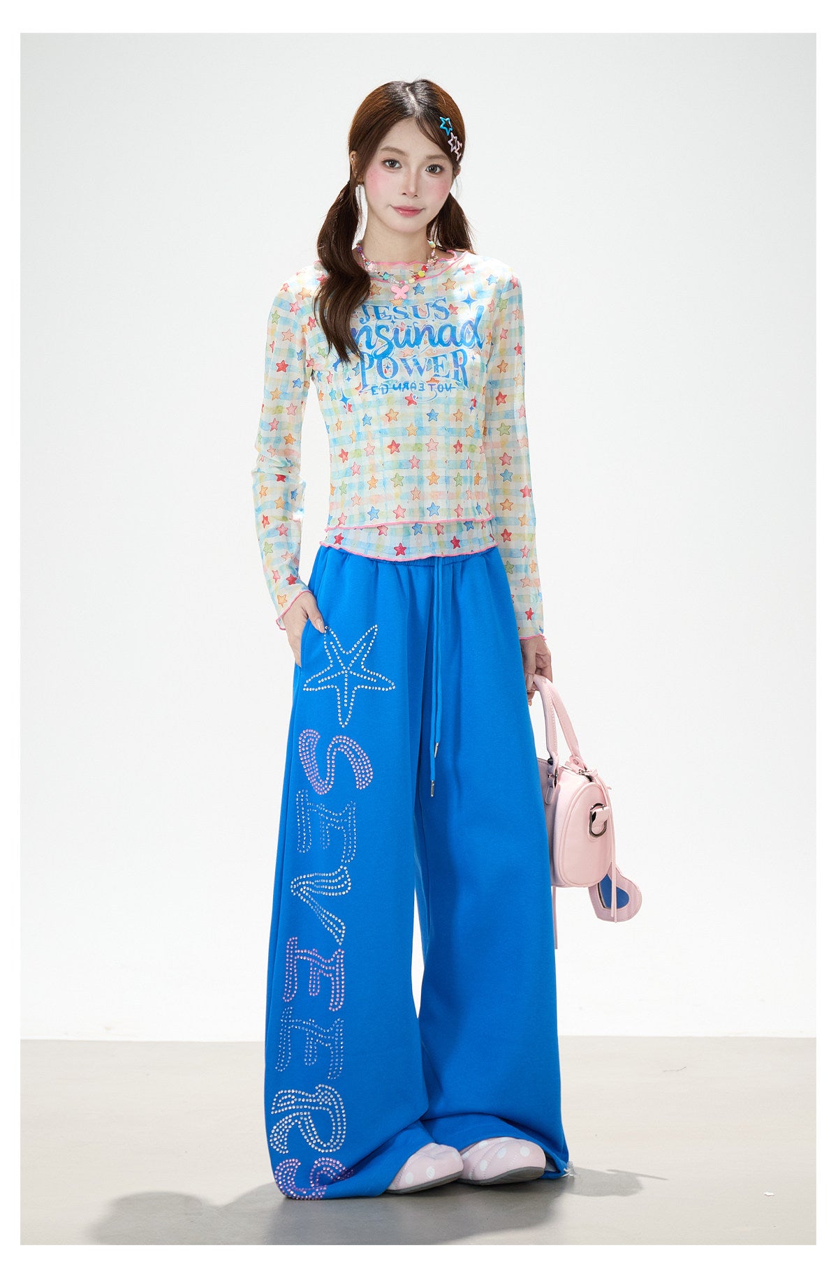 Pantalon de survêtement à jambes larges avec strass motif étoile de mer