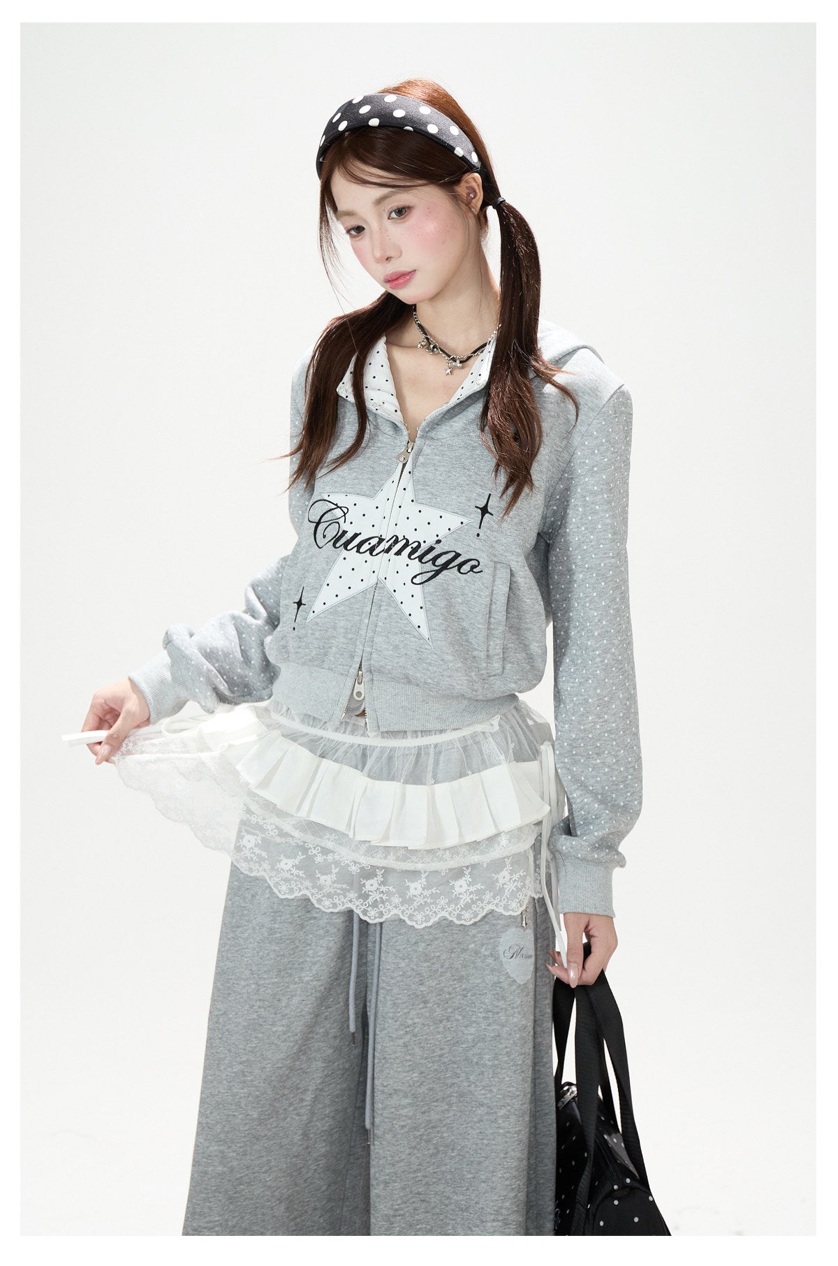 Star Polka-Dot Cropped Zip-Up Hoodie & Paw Print Graphic Wide-Leg Jeans