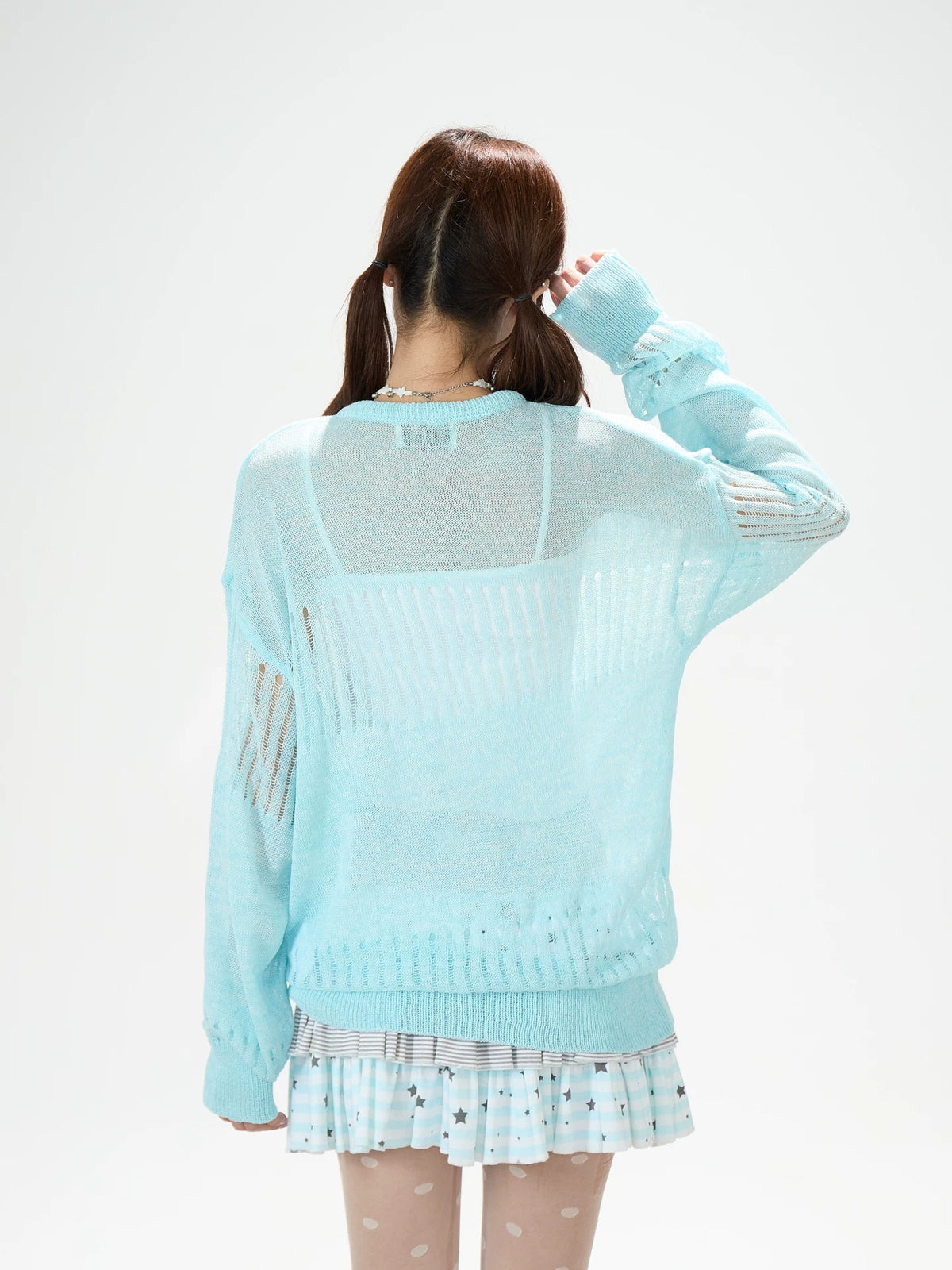 Openwork Knit Long Sleeve Top & Light Blue Layered Ruffle Mini Skirt