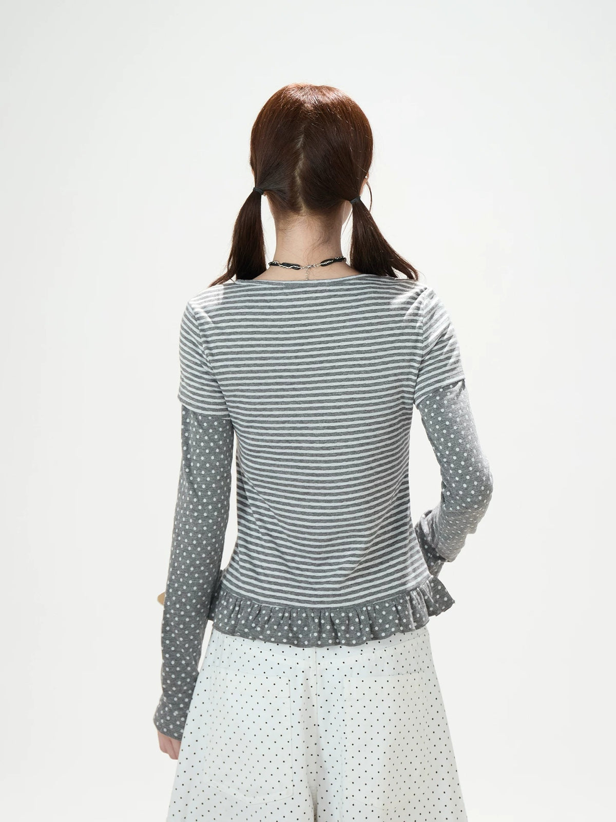 Polka-Dot Stripe Layered Long Sleeve Top & Embroidered Khaki Wide-Leg Cargo Pants