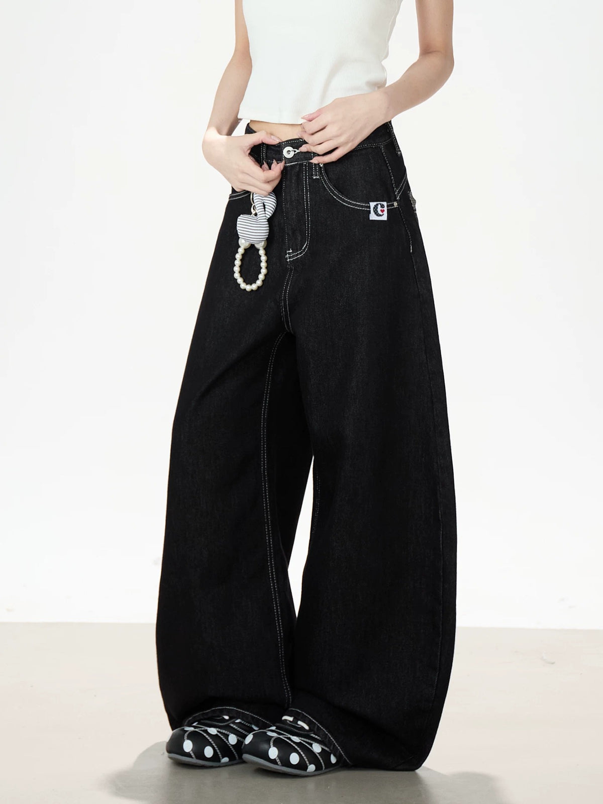 Washed Black Curved Wide-Leg Jeans