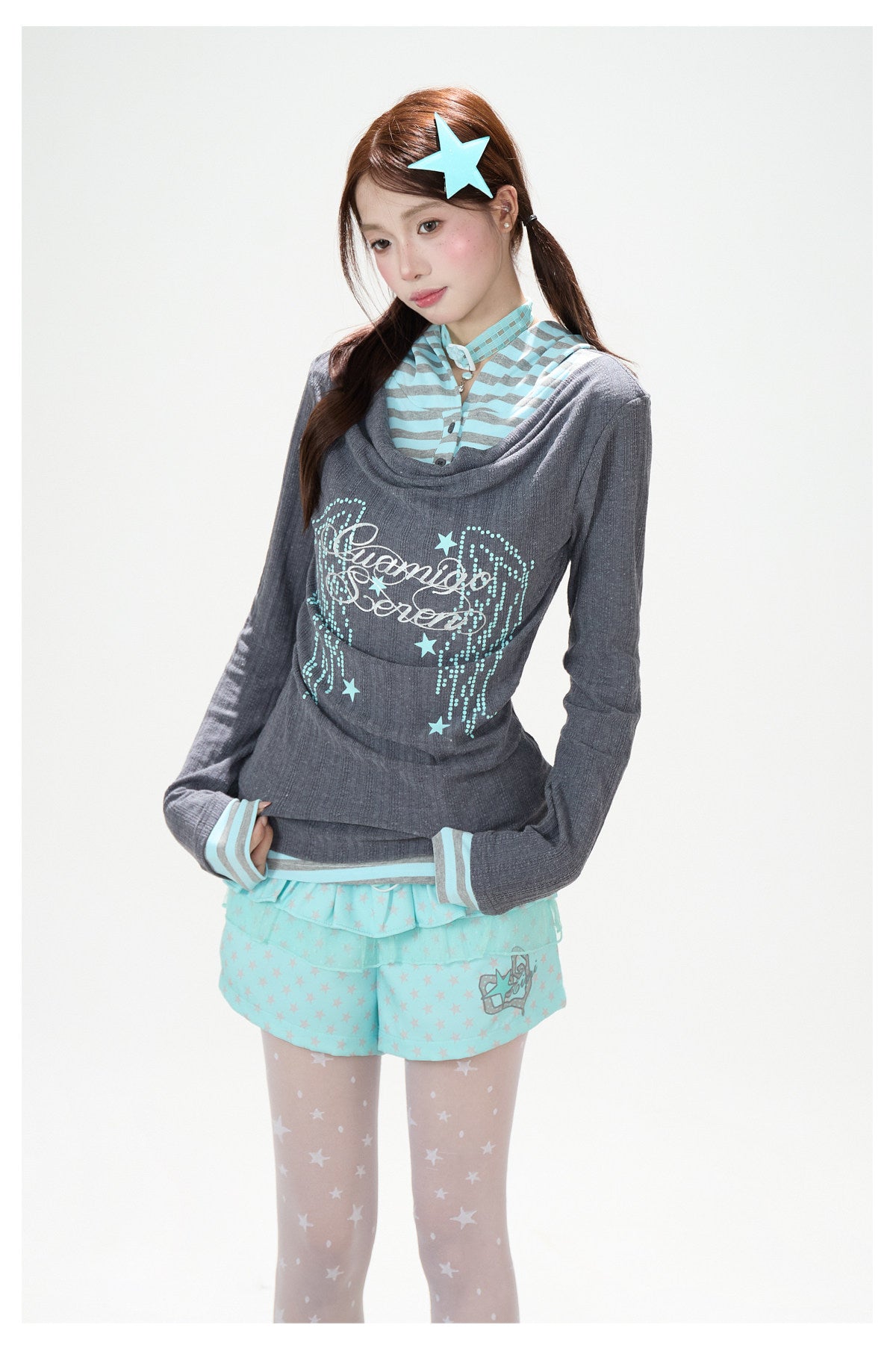 Angel Wing Graphic Hooded Stripe Layered Long Sleeve Top