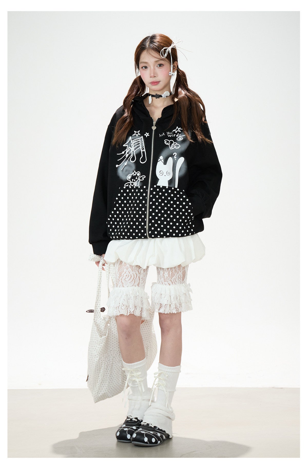 Cartoon Polka-Dot Zip-Up Hoodie & Star Print Shorts