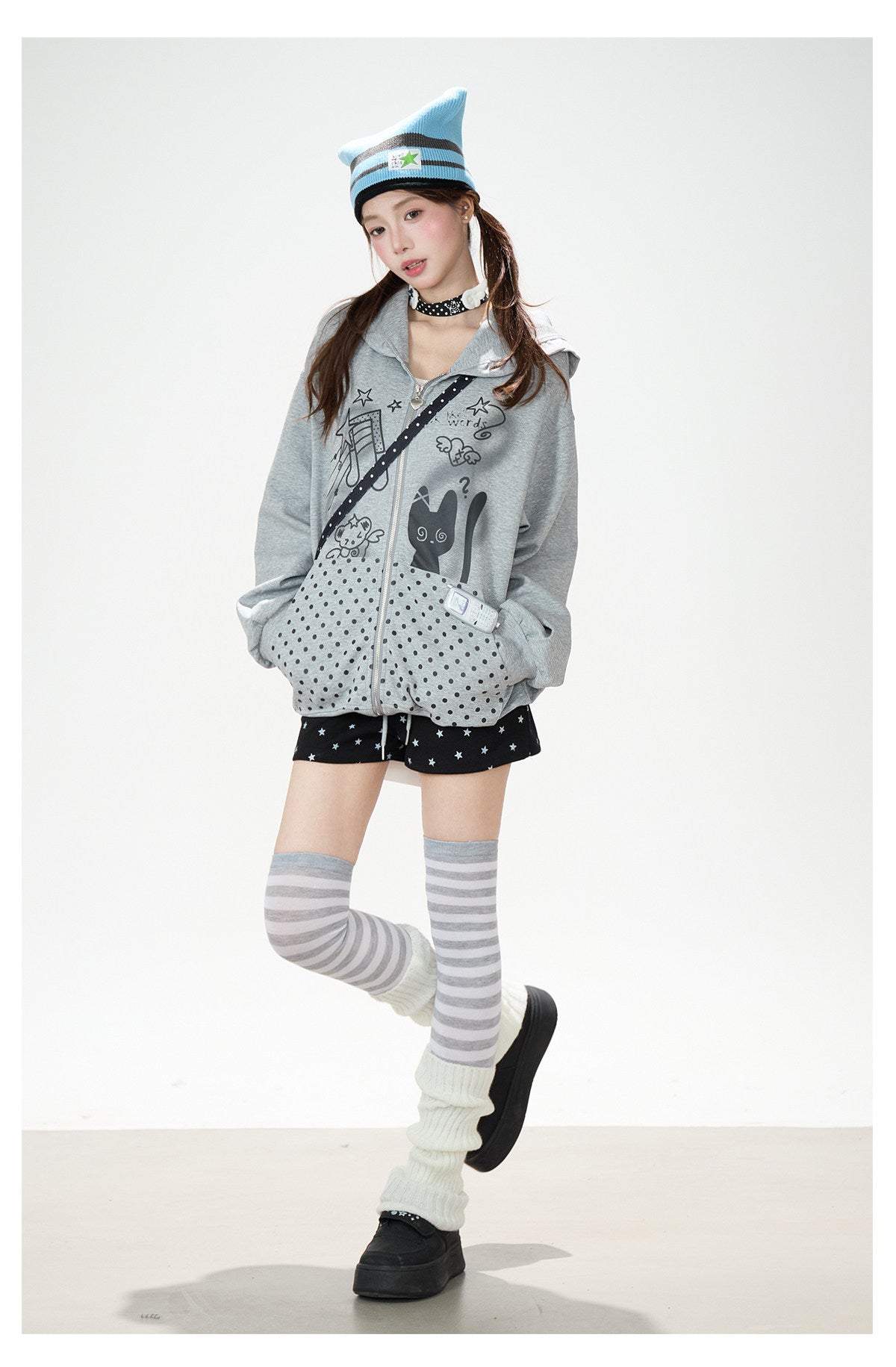 Cartoon Polka-Dot Zip-Up Hoodie & Star Print Shorts