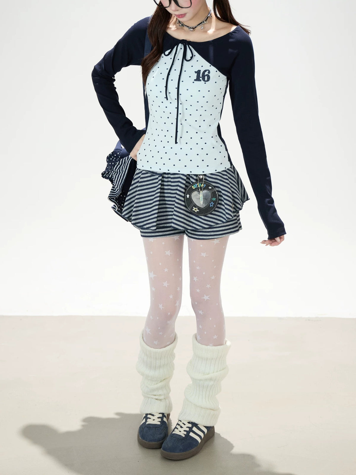 Polka-Dot Tie-Front Off-Shoulder Long Sleeve Top & Royal Blue Stripe Ruffle Mini Skirt