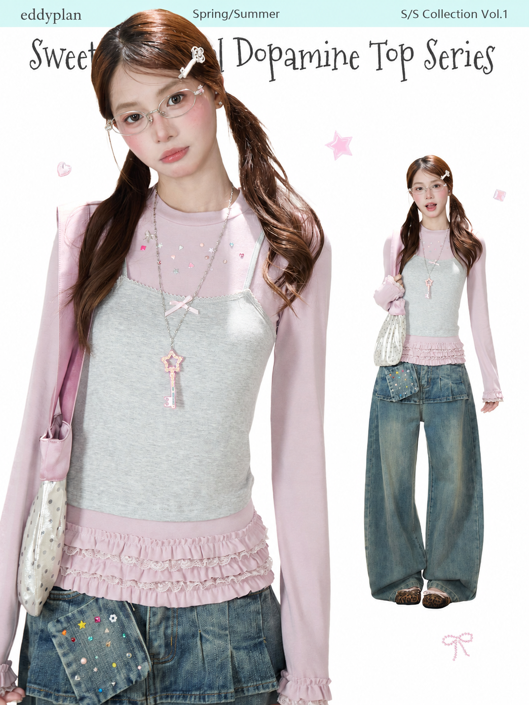 Gray-Pink Faux-Layered Lace Ruffle Long Sleeve Top