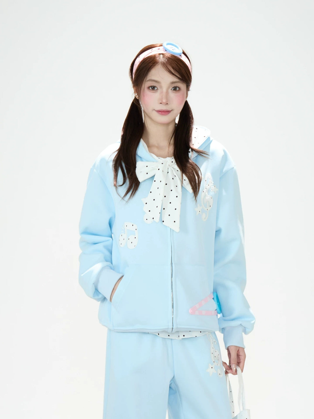 Music Note Polka-Dot Bow Zip-Up Hoodie & Gray Wide-Leg Pants