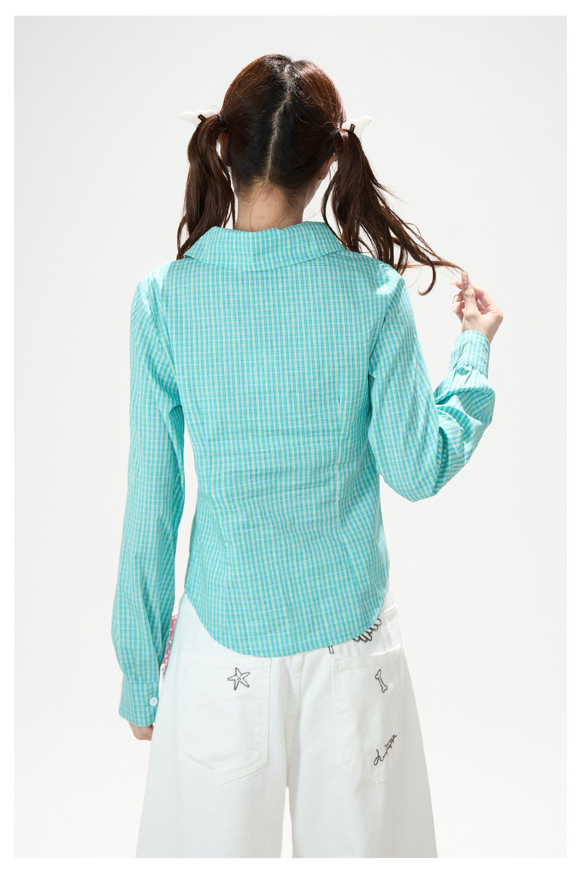 Green Check Fitted Shirt & White Wide-Leg Pants
