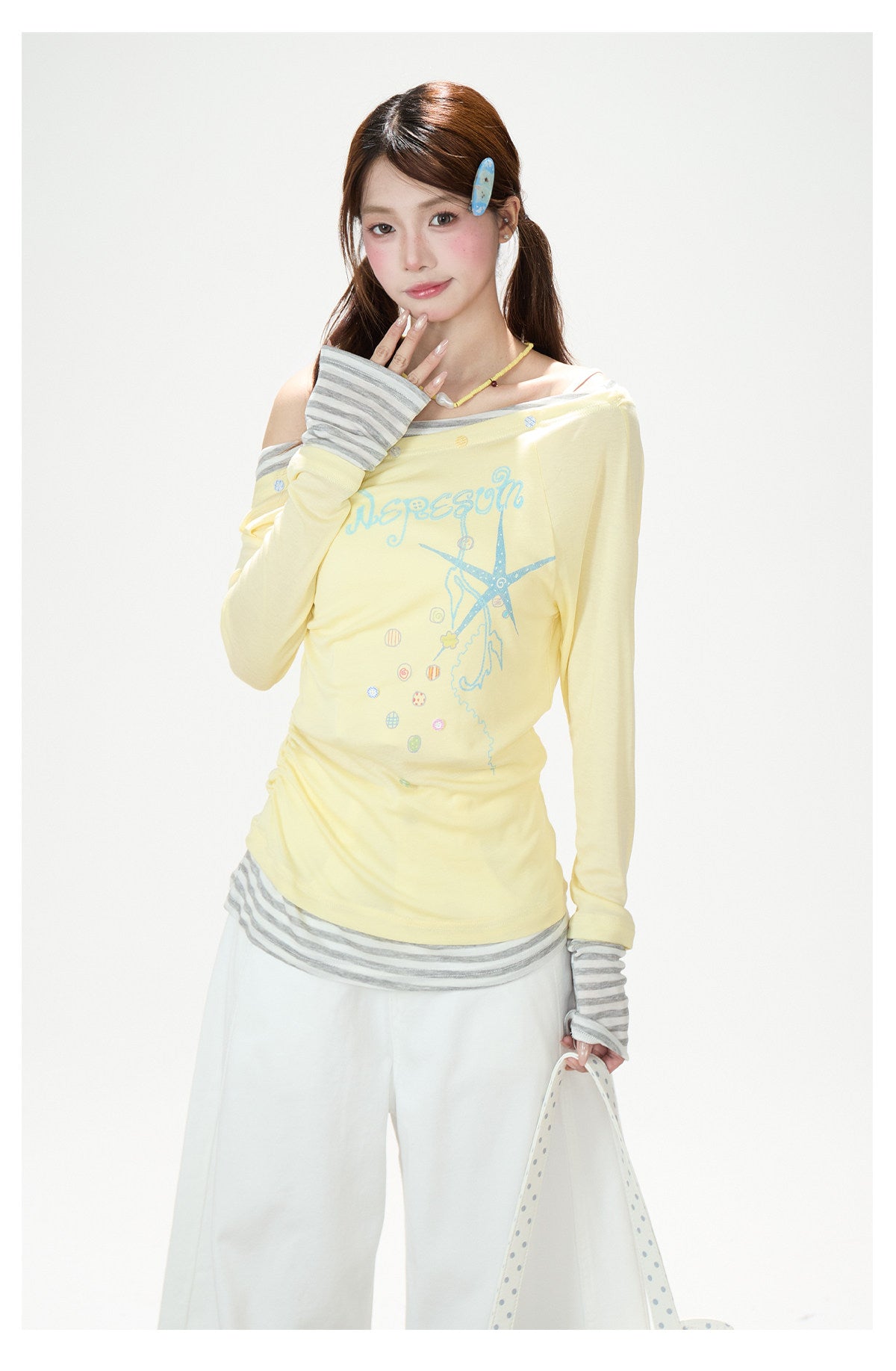 Starfish Off-Shoulder Layered Long Sleeve Top & White Wide-Leg Pants