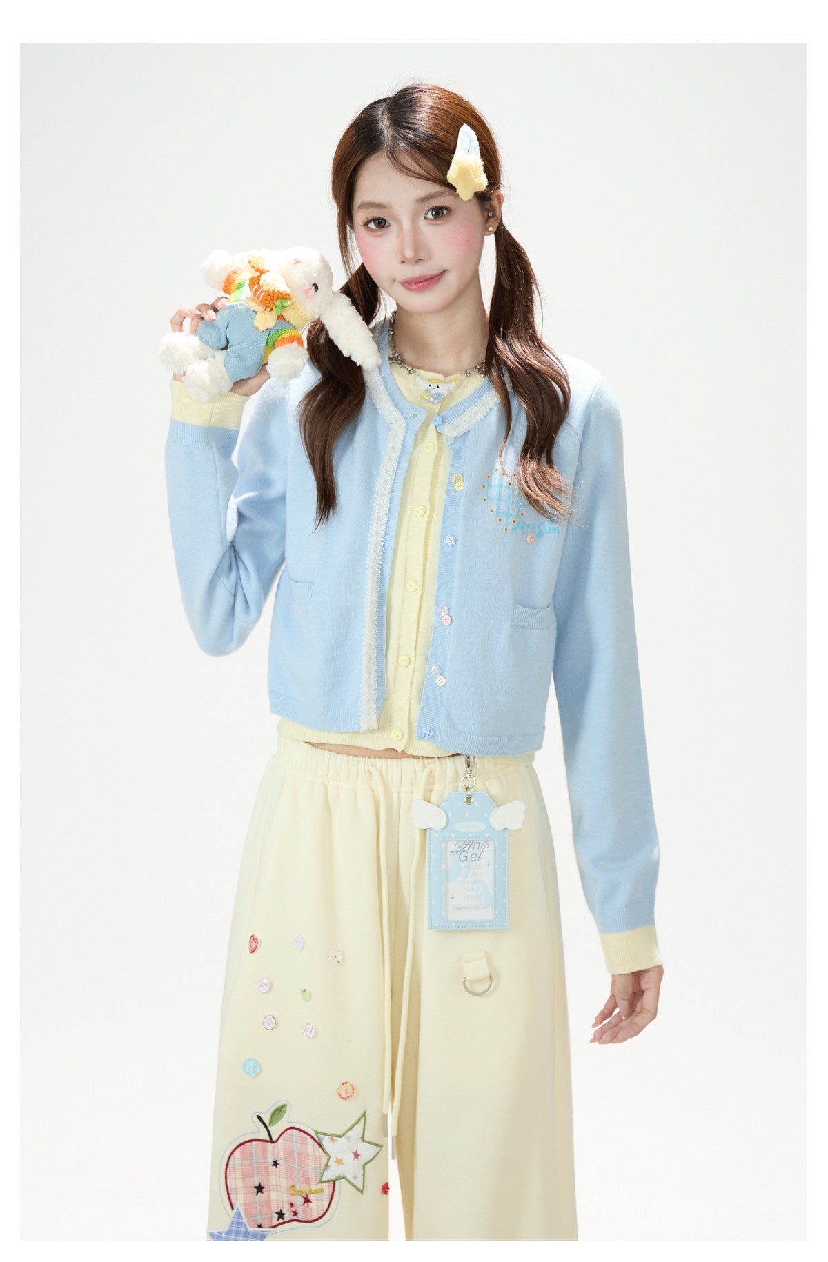 Faux Layered Soft Knit Cardigan & Apple Star Patch Wide-Leg Pants