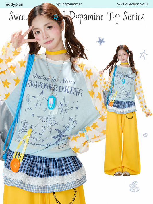 Cartoon Star Raglan Long Sleeve Top & Wide-Leg Drawstring Pants