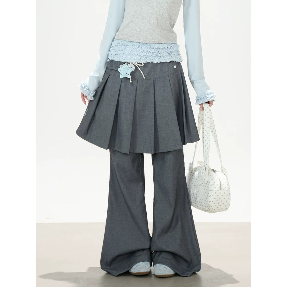 Ruffle Hem Layered Cami Long Sleeve Top & Washed Wide-Leg Jeans