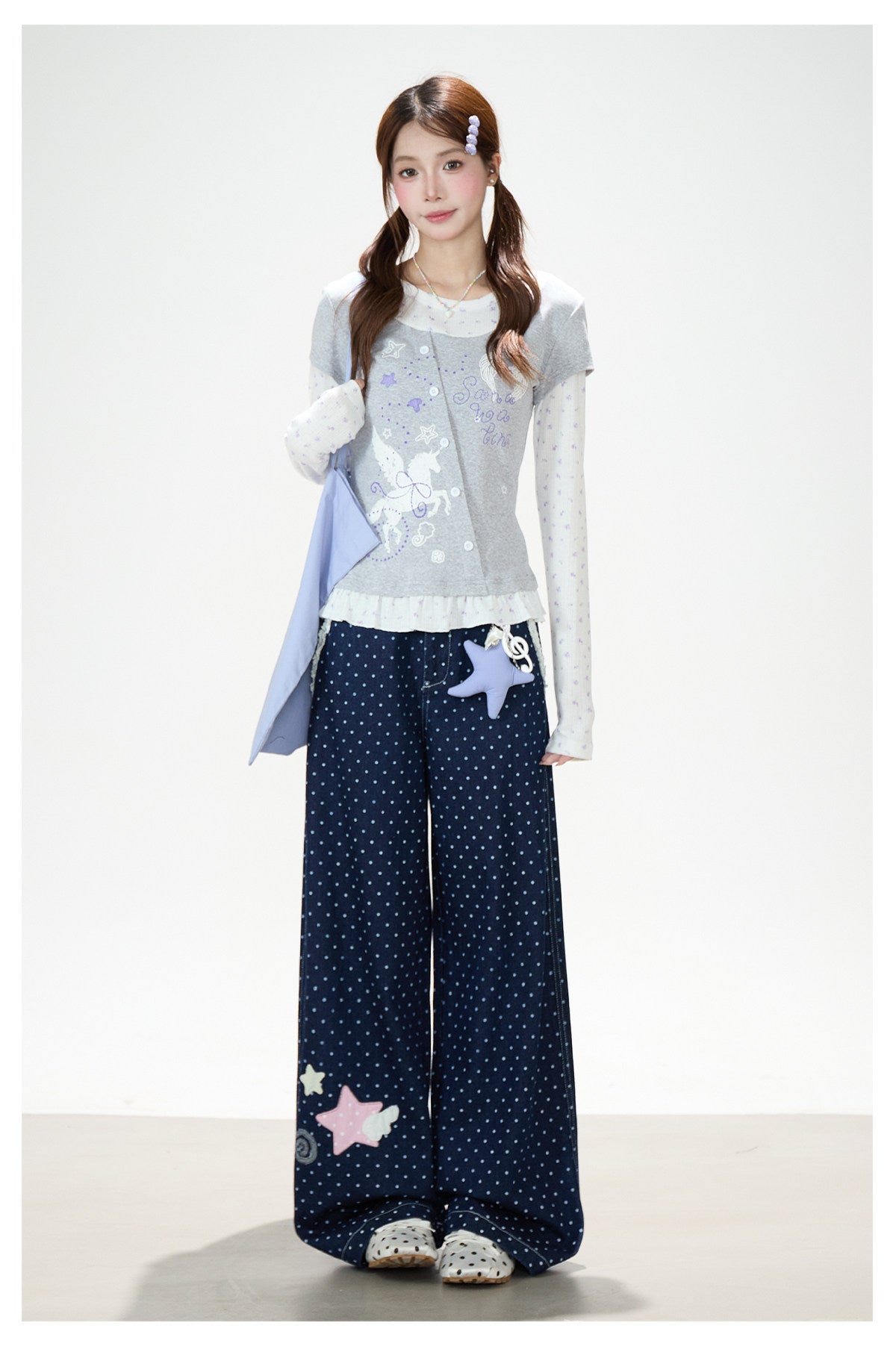 Floral Layered Long Sleeve Top & Navy Polka-Dot Wide-Leg Pants