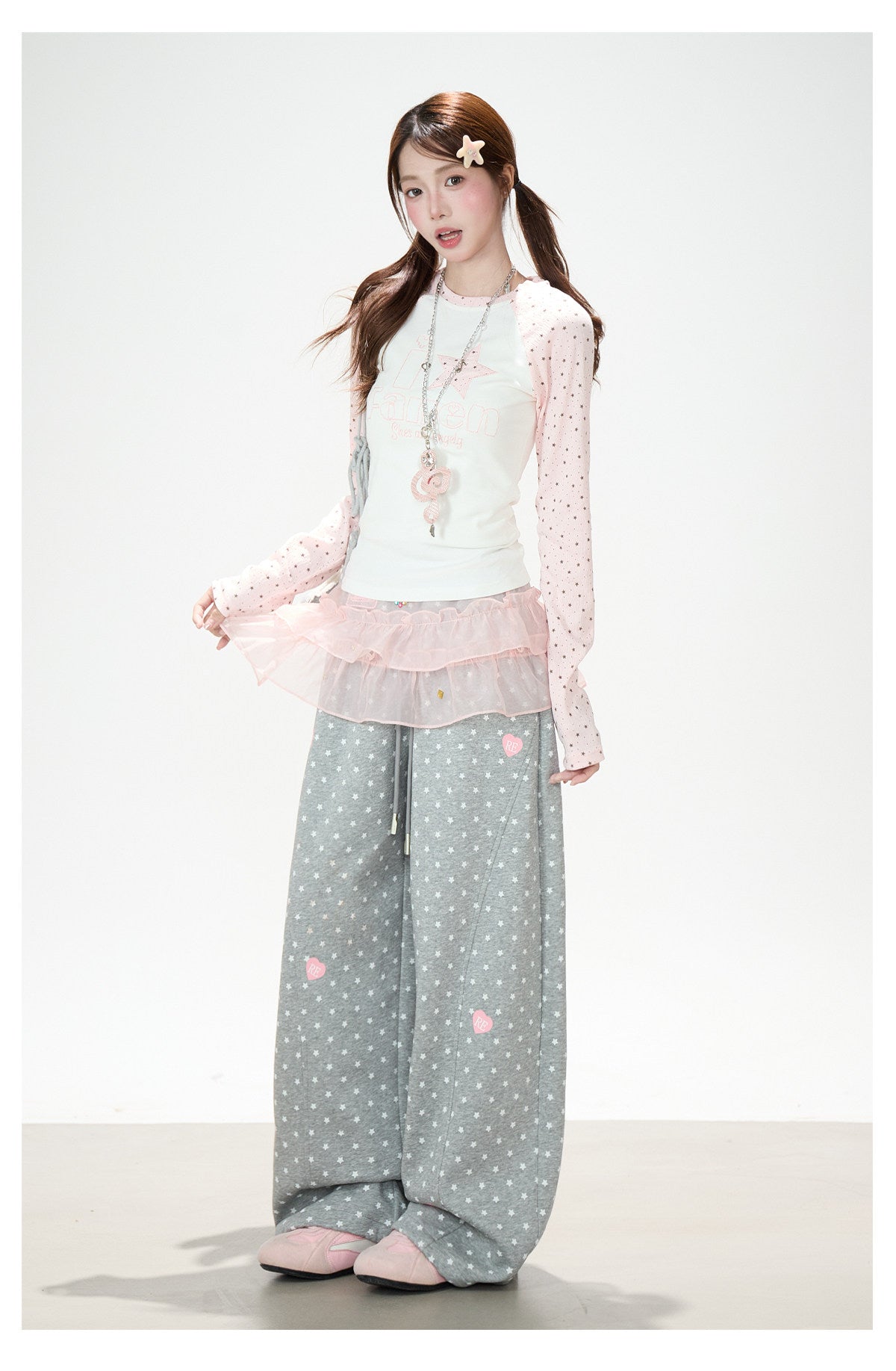 Pink Star Raglan Long Sleeve Top & Gray Heart Star Wide-Leg Pants
