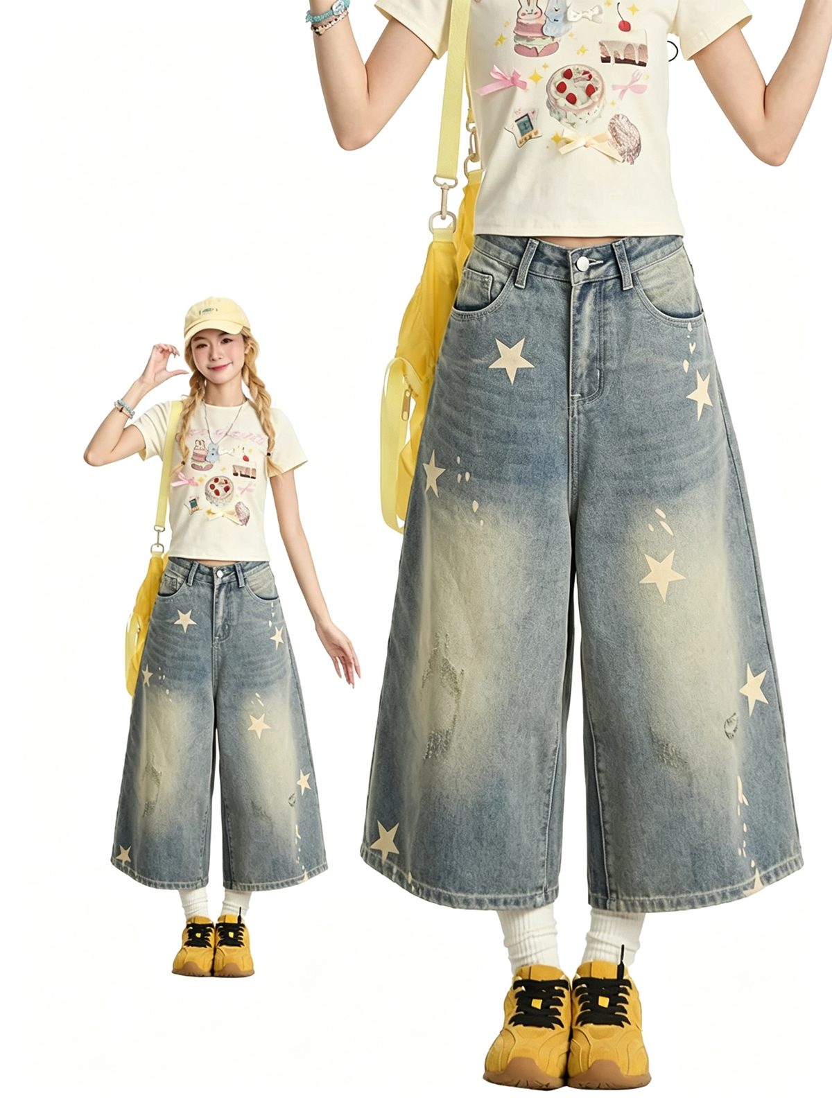 Washed Star Print Wide-Leg Denim Capri Pants