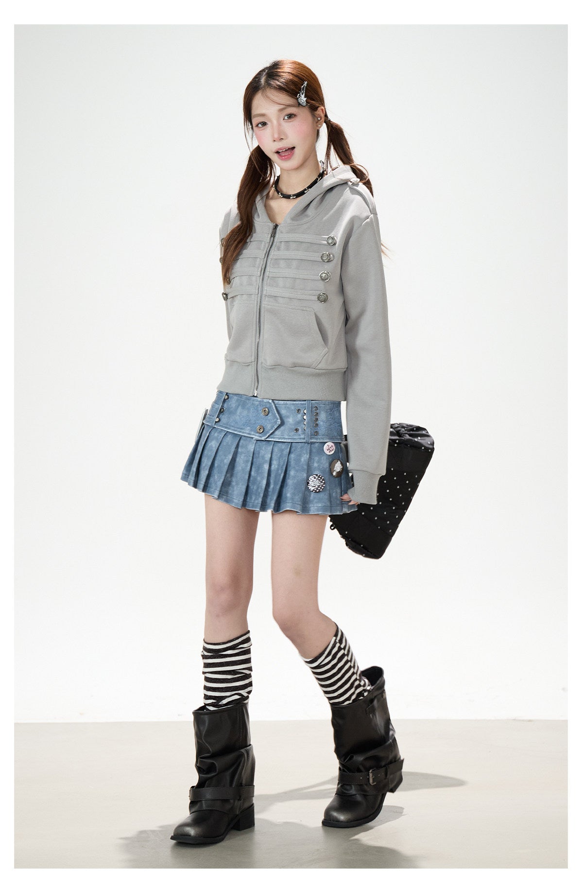 Utility Button Zip-Up Hoodie & Blue Pleated Mini Skirt