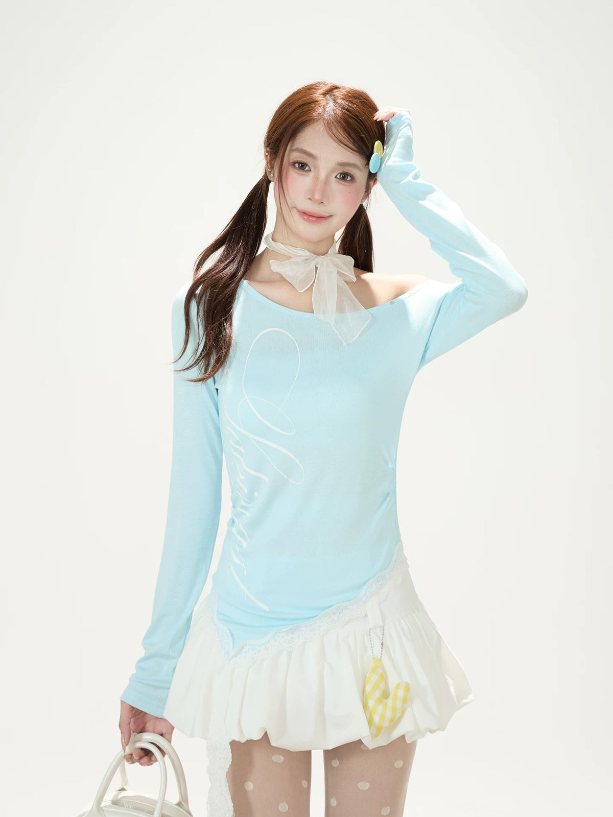 Ballet Ribbon Off-Shoulder Long Sleeve Top & White Ruffle Mini Skirt