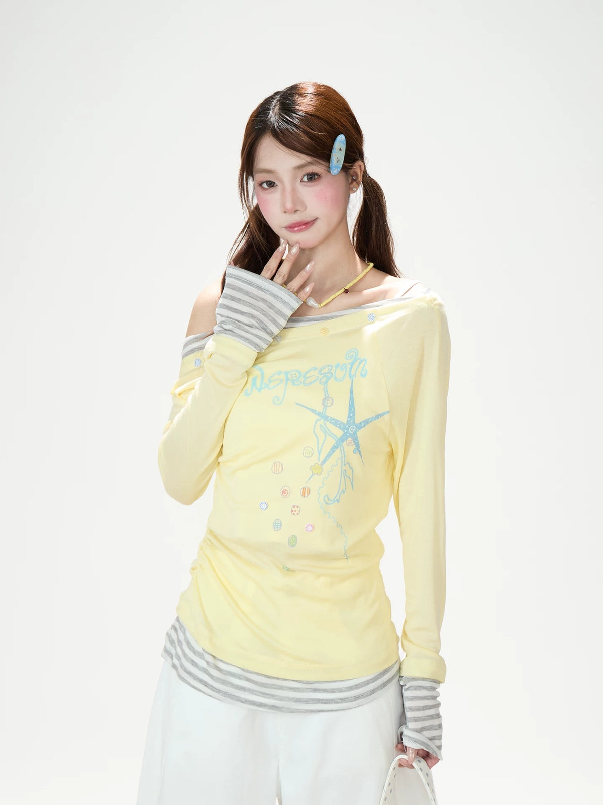 Starfish Stripe Off-Shoulder Layered Long Sleeve Top & Graphic Wide-Leg Pants