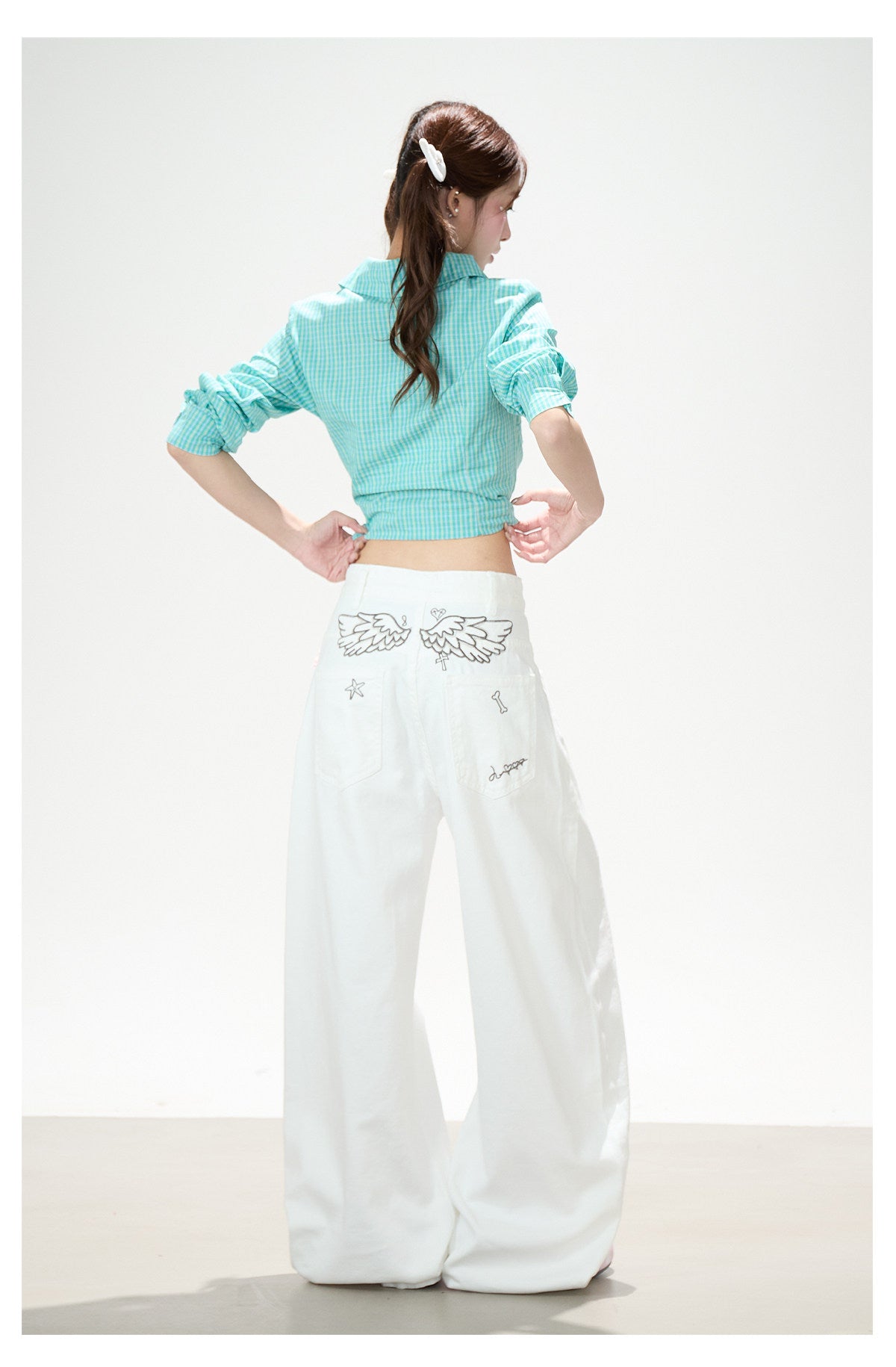 Green Check Fitted Shirt & White Wide-Leg Pants