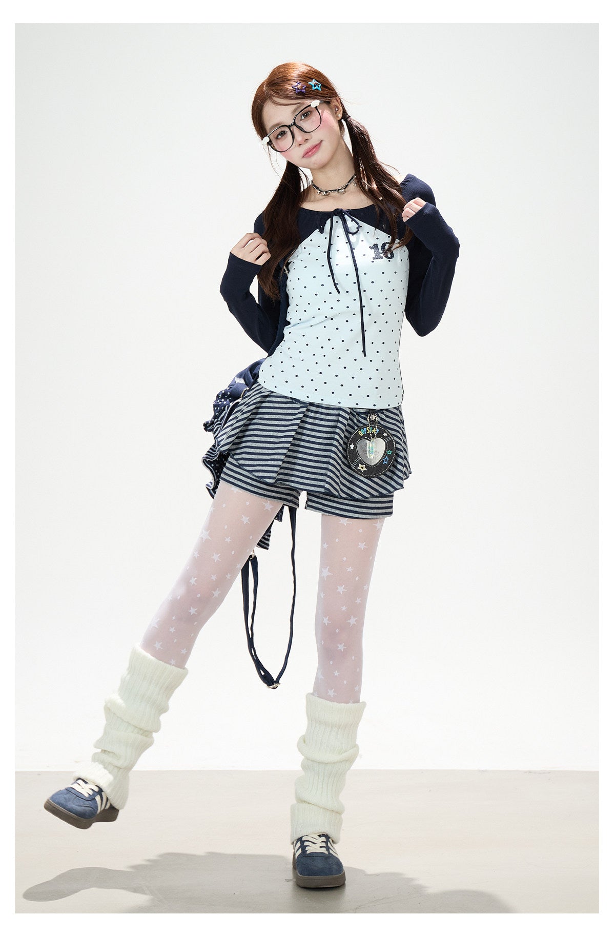 Polka-Dot Tie-Front Off-Shoulder Long Sleeve Top & Royal Blue Stripe Ruffle Mini Skirt