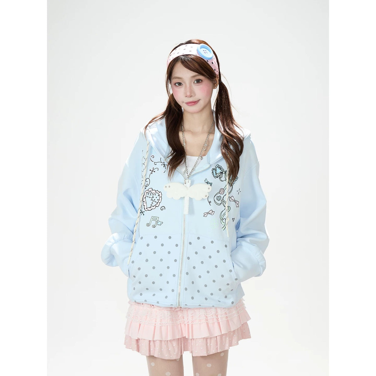 Hand-Drawn Polka-Dot Zip-Up Hoodie & Pink Ruffle Mini Skirt
