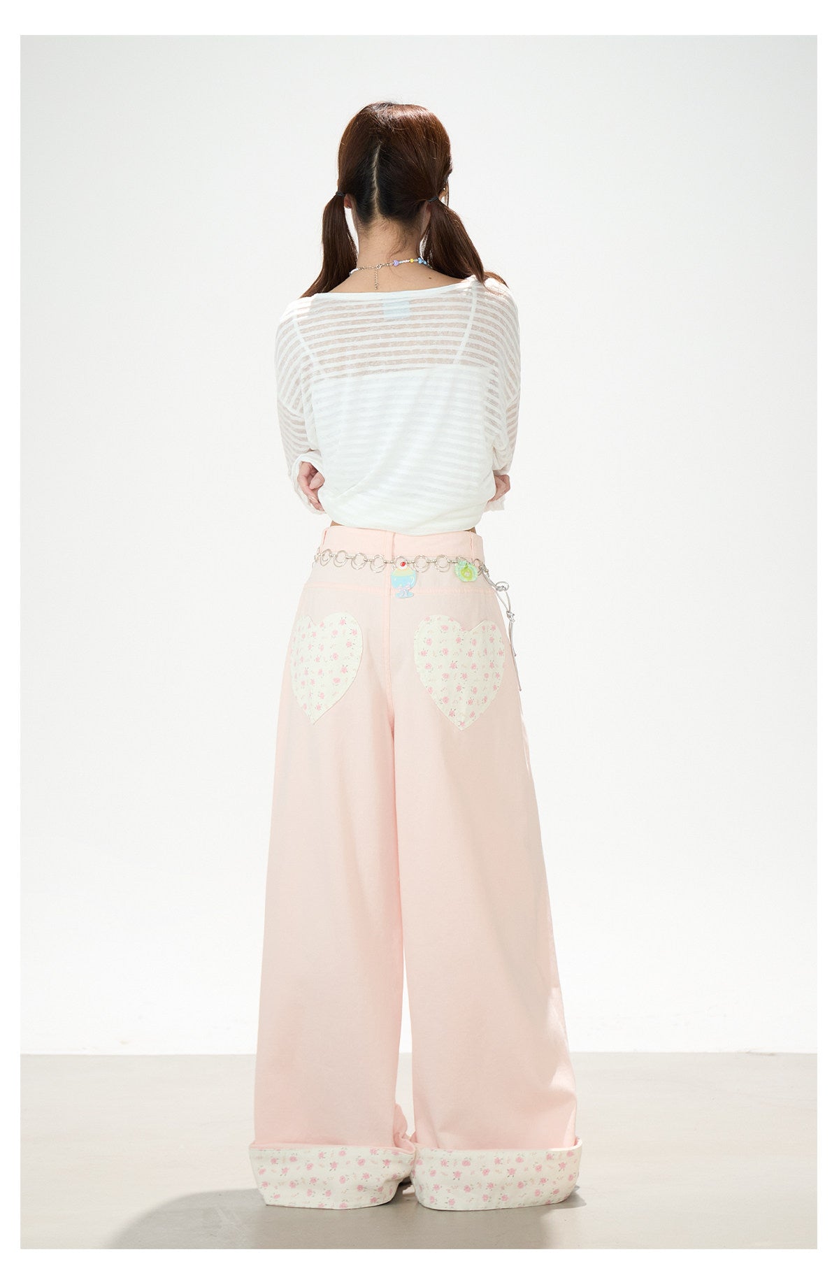 Playful Stripe Graphic Sheer Long Sleeve Top & Pink Wide-Leg Pants