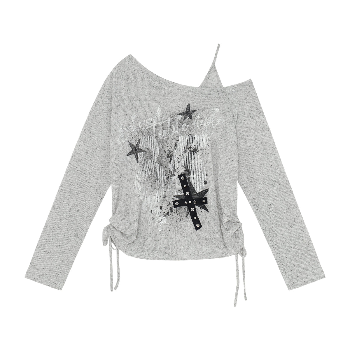 Dark Graffiti Off-Shoulder Long Sleeve Top & Asymmetric Polka-Dot Mini Skirt