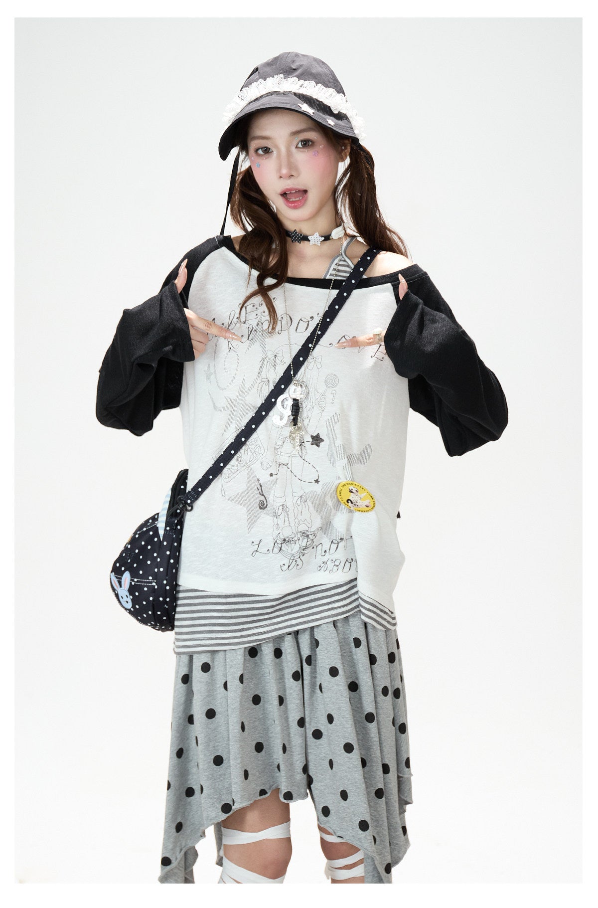 Cartoon Girl Off-Shoulder Long Sleeve Top & Asymmetric Polka-Dot Mini Skirt