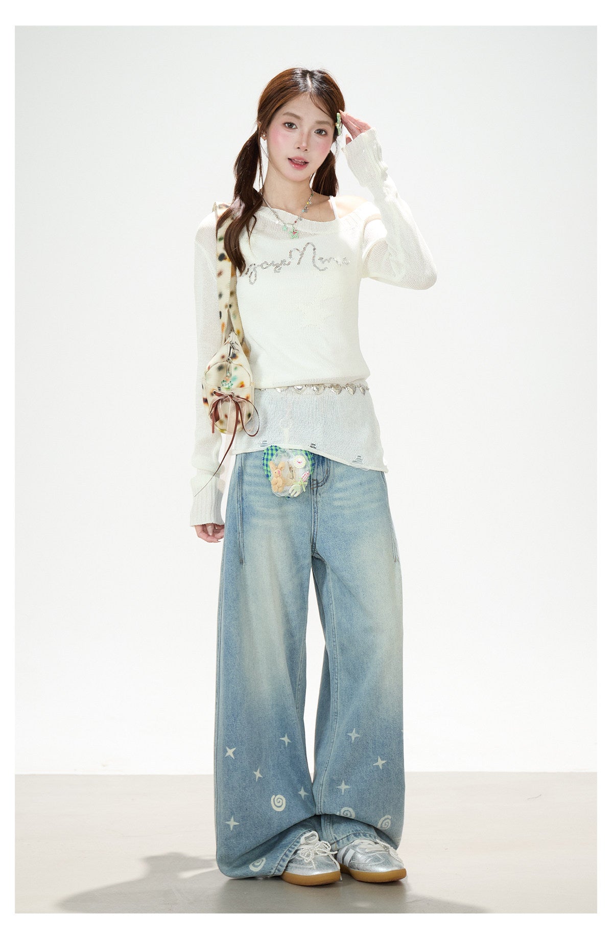 Playful Star Print Washed Wide-Leg Jeans