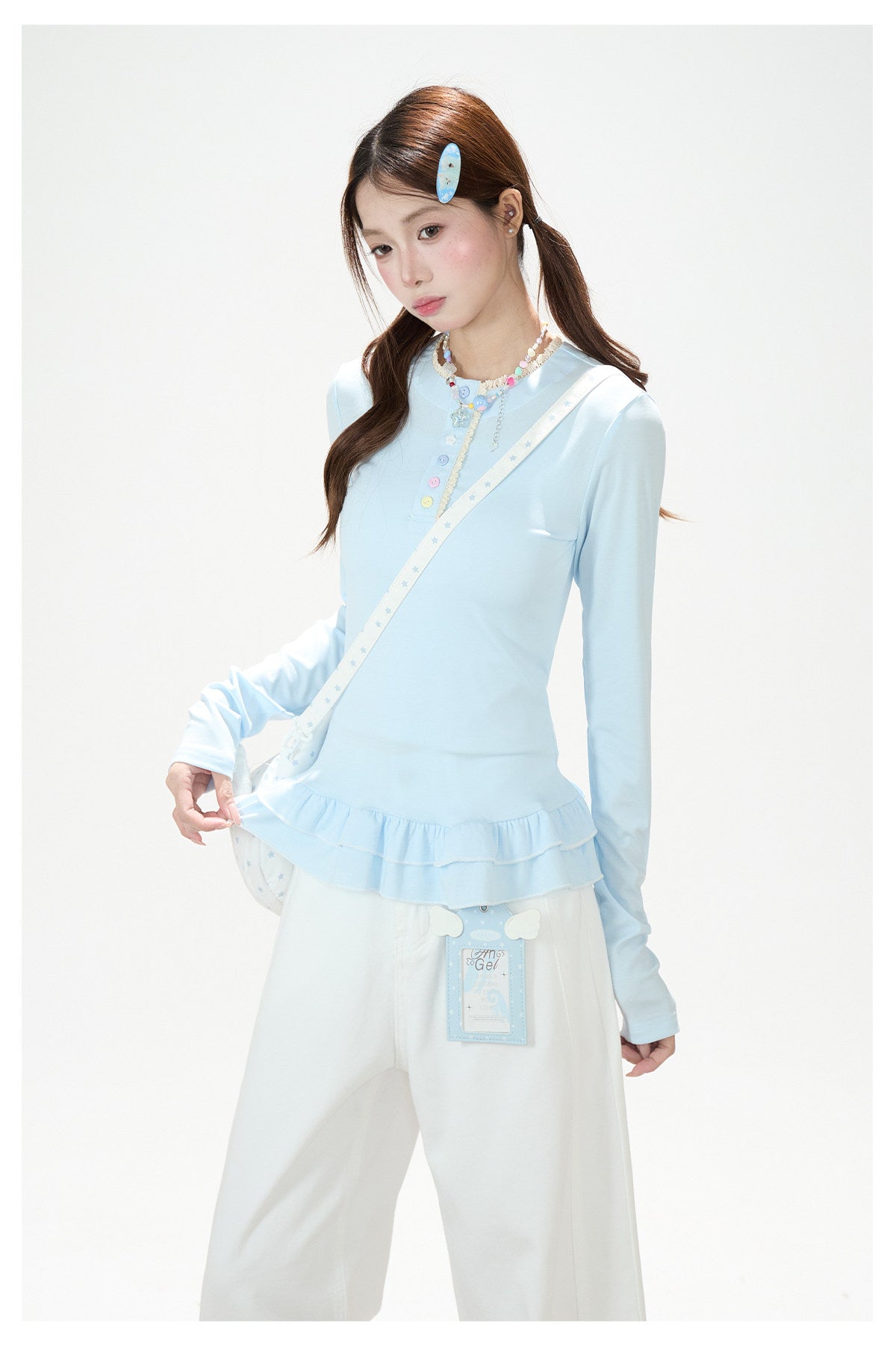 Ruffle Hem Button Long Sleeve Top & White Wide-Leg Pants