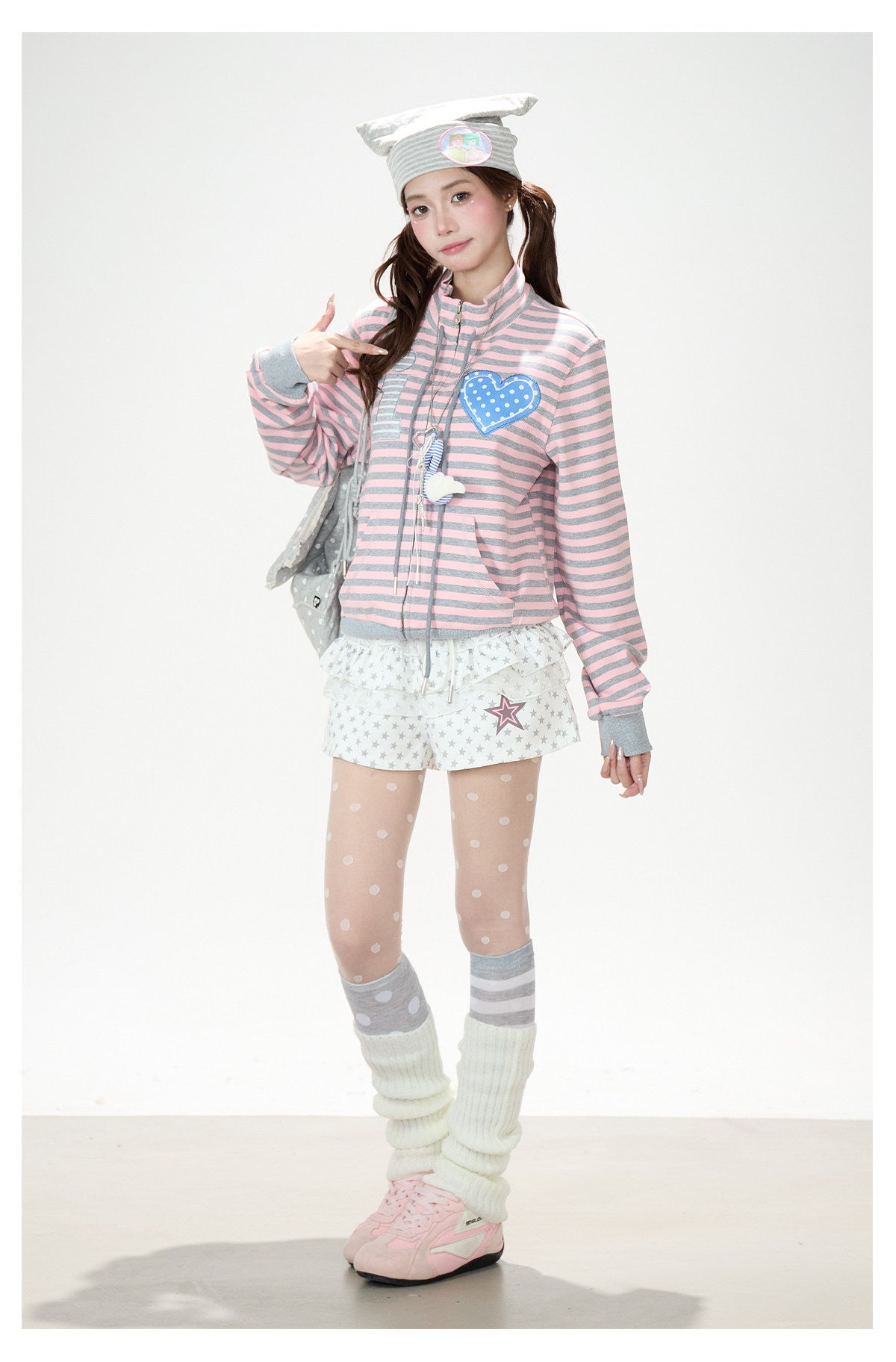 Heart Stripe Zip-Up Sweatshirt Jacket & White Star Shorts