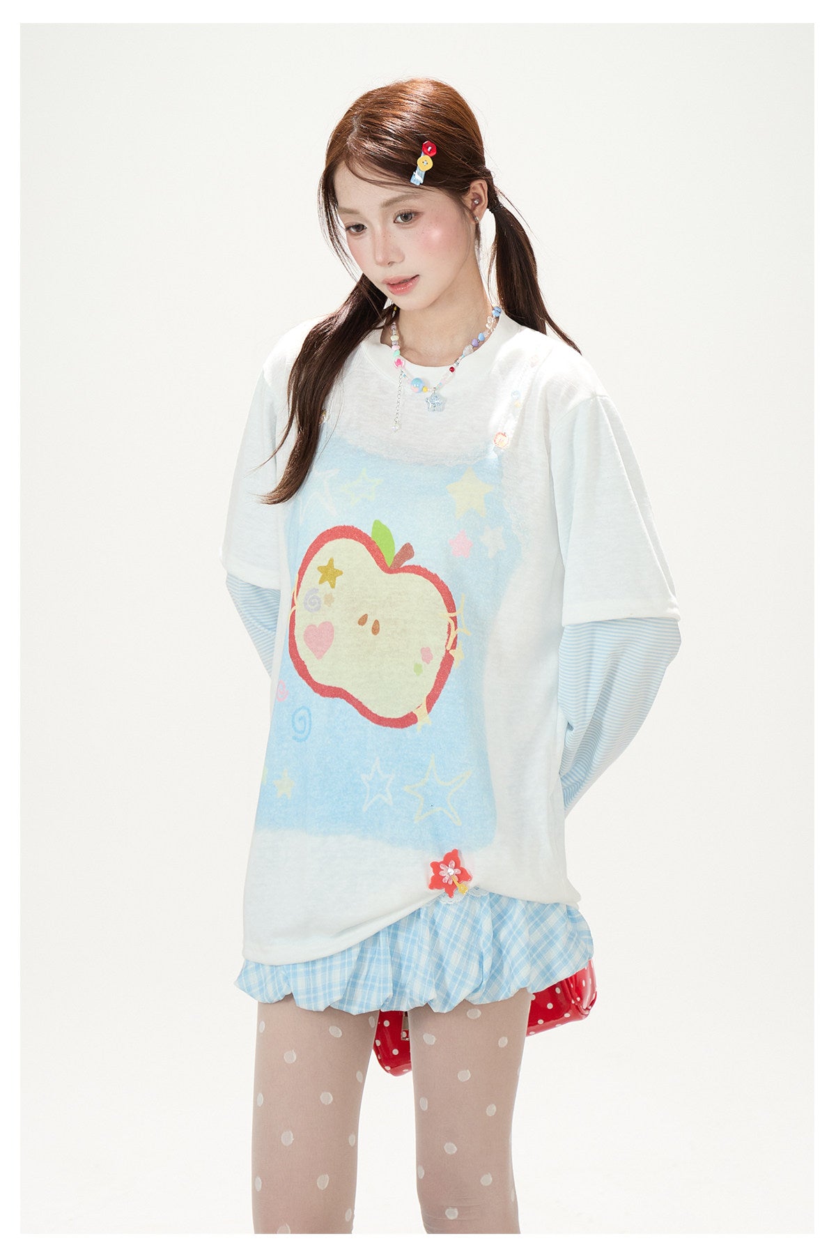Apple Doodle Layered Long Sleeve Tee & Light Blue Ruffle Mini Skirt