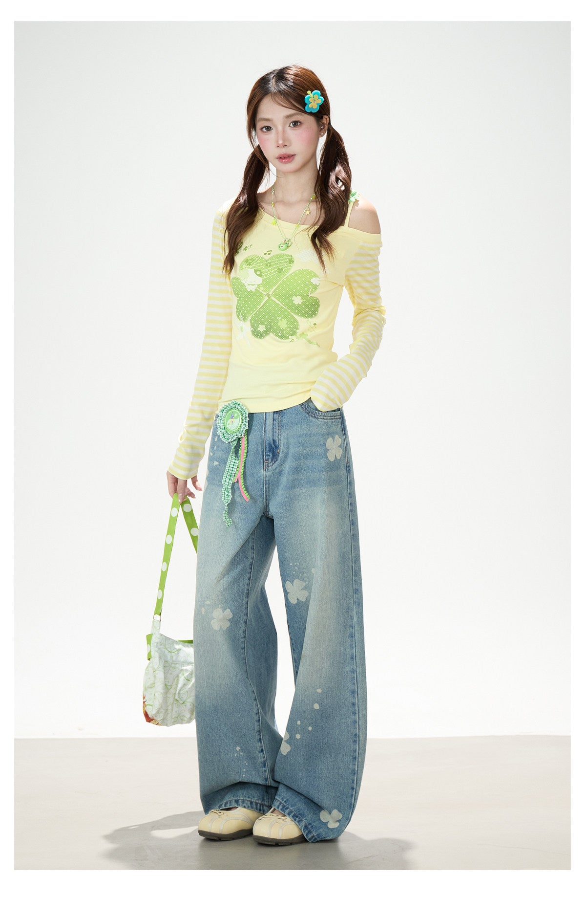Clover Stripe Off-Shoulder Long Sleeve Top & Star Music Note Wide-Leg Jeans