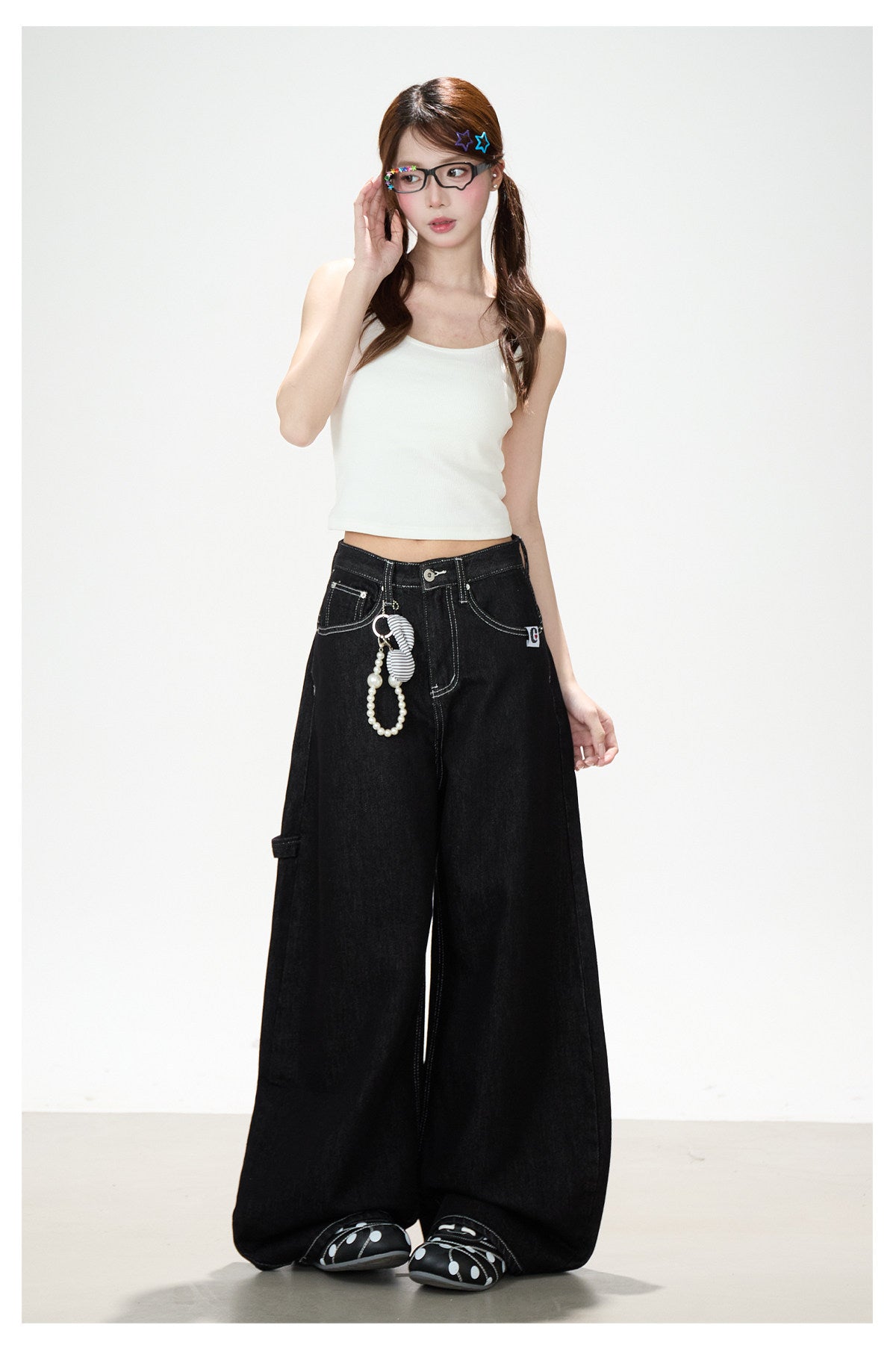 Washed Black Curved Wide-Leg Jeans