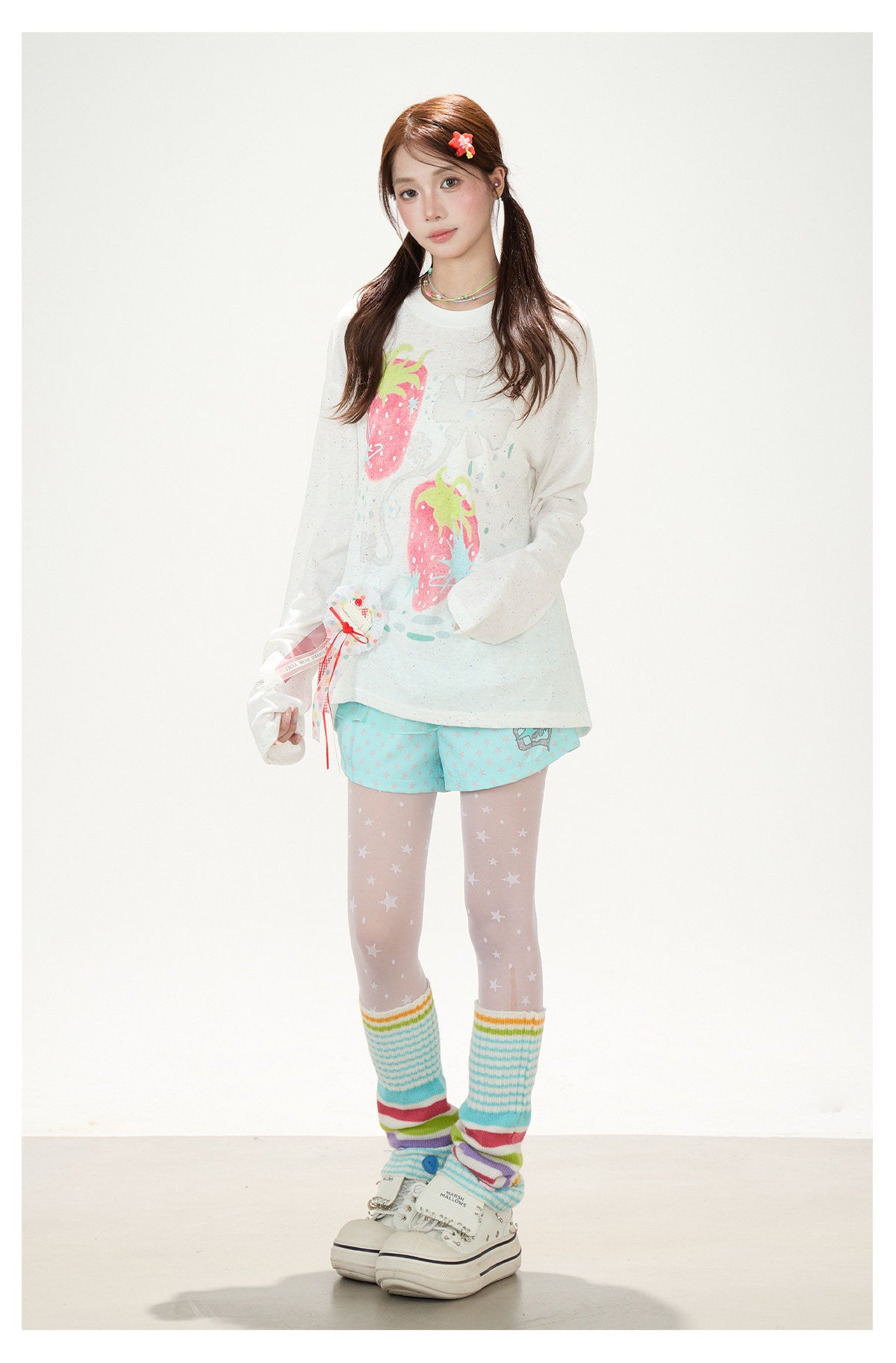 Strawberry Doodle Long Sleeve Tee & Aqua Polka-Dot Shorts