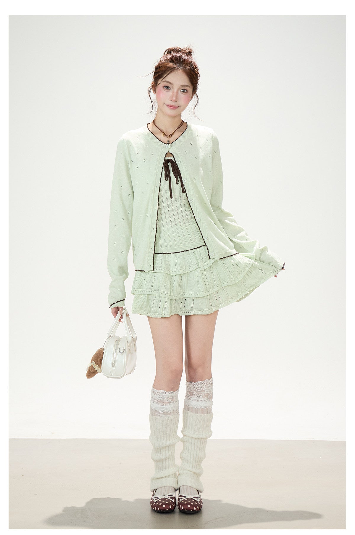 Pointelle Bow Cardigan & Cami Knit Set & Tiered Ruffle Mini Skirt