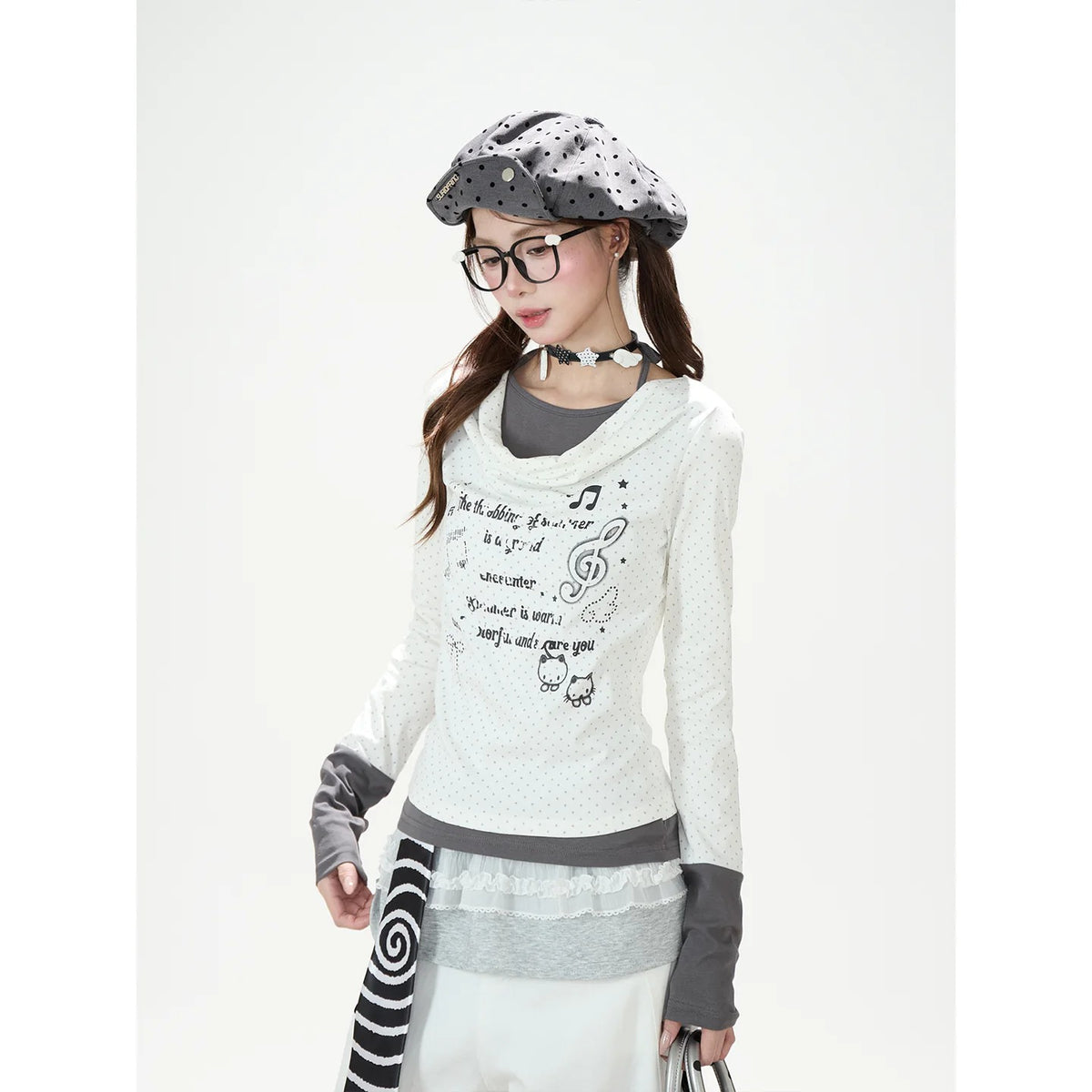 Music Note Cat Polka-Dot Layered Long Sleeve Top & White Wide-Leg Pants