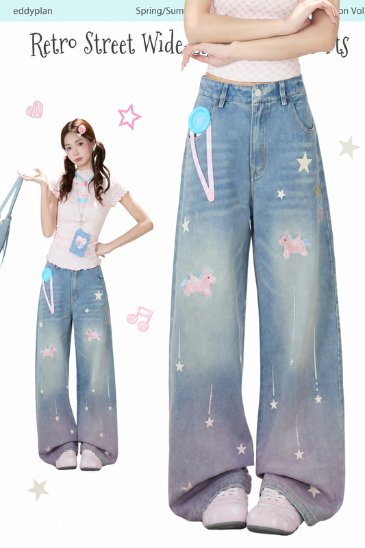 Dreamy Unicorn Star Washed Wide-Leg Jeans