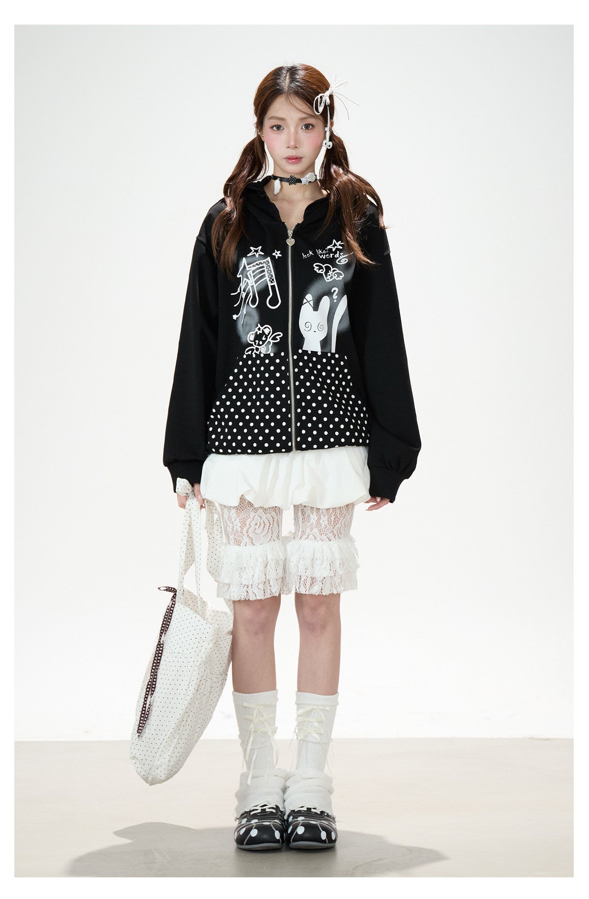 Cartoon Polka-Dot Zip-Up Hoodie & Star Print Shorts