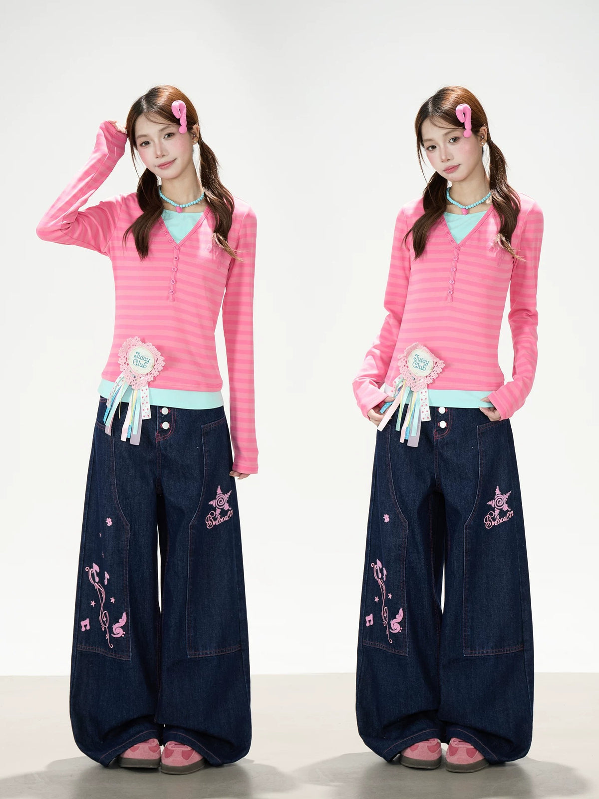 Pink Stripe Layered Long Sleeve Top & Music Note Star Embroidered Wide-Leg Jeans