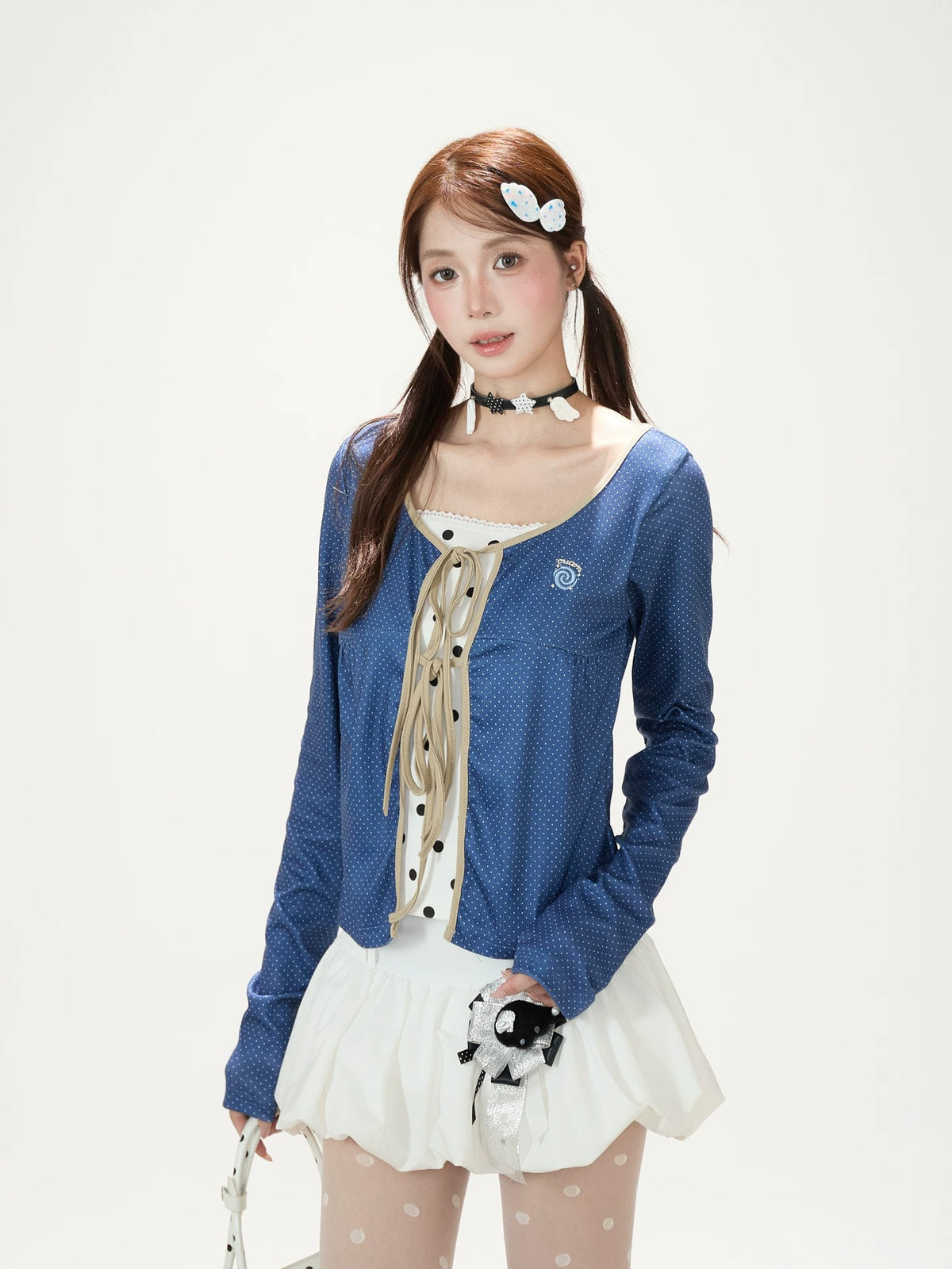 Polka-Dot Tie-Front Layered Long Sleeve Top & Pinstripe Button Wide-Leg Pants