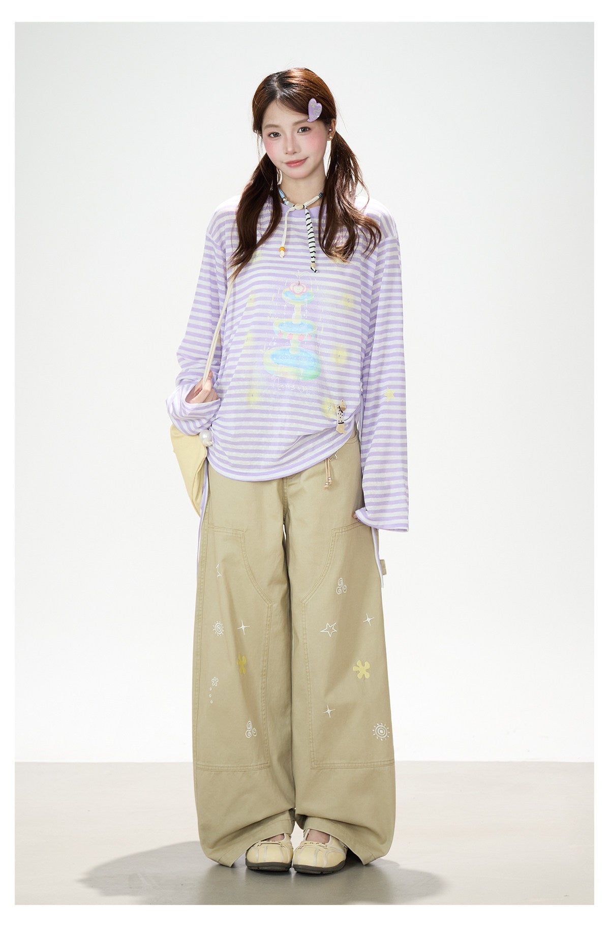 Khaki Embroidered Wide-Leg Cargo Pants