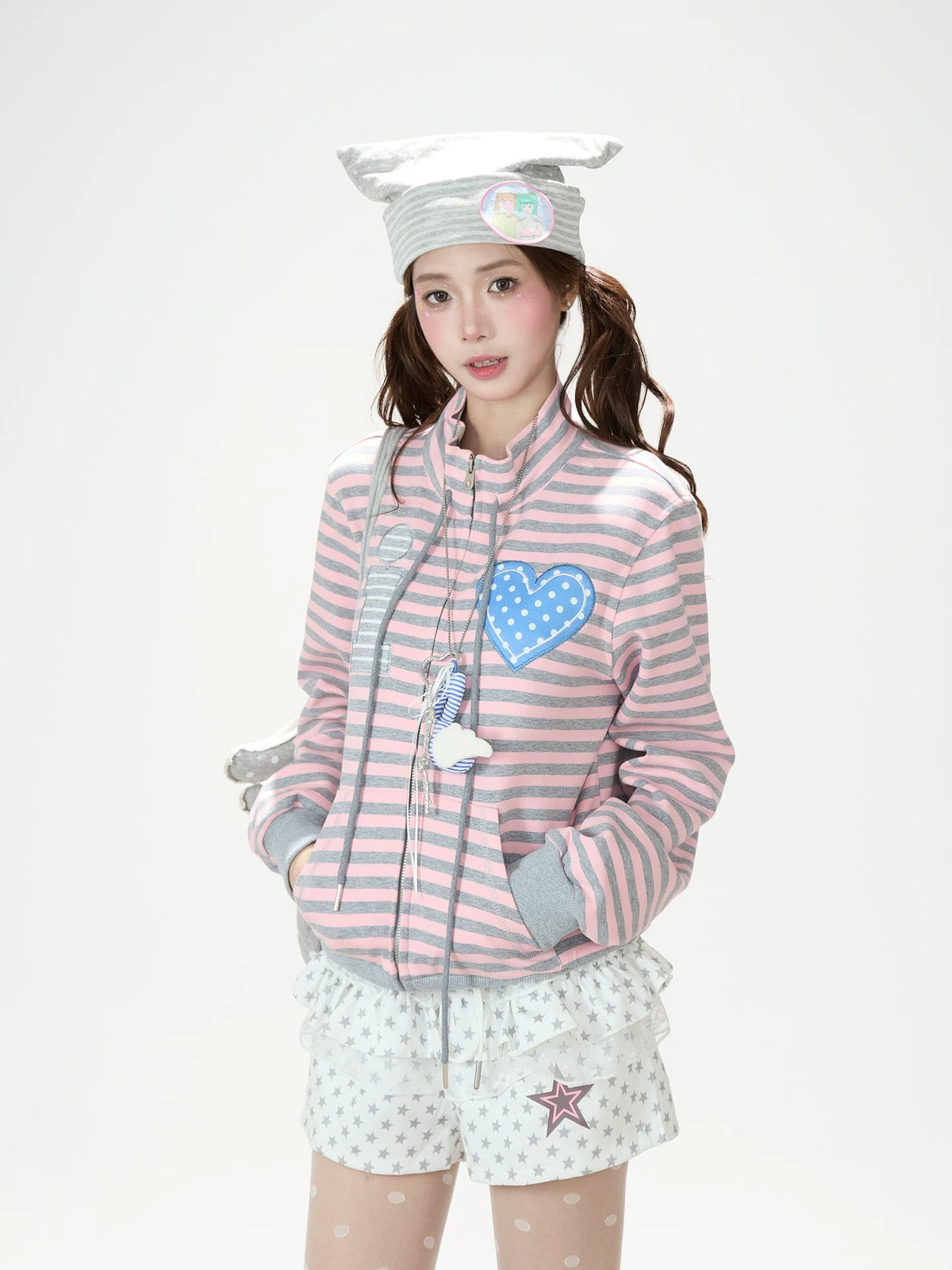 Heart Stripe Zip-Up Sweatshirt Jacket & White Star Shorts