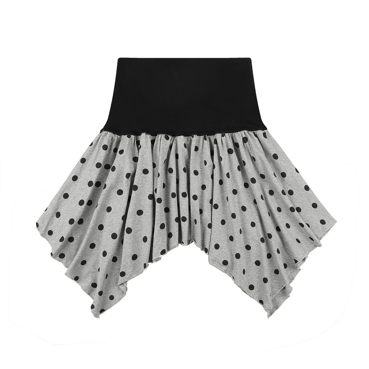 Dark Graffiti Off-Shoulder Long Sleeve Top & Asymmetric Polka-Dot Mini Skirt