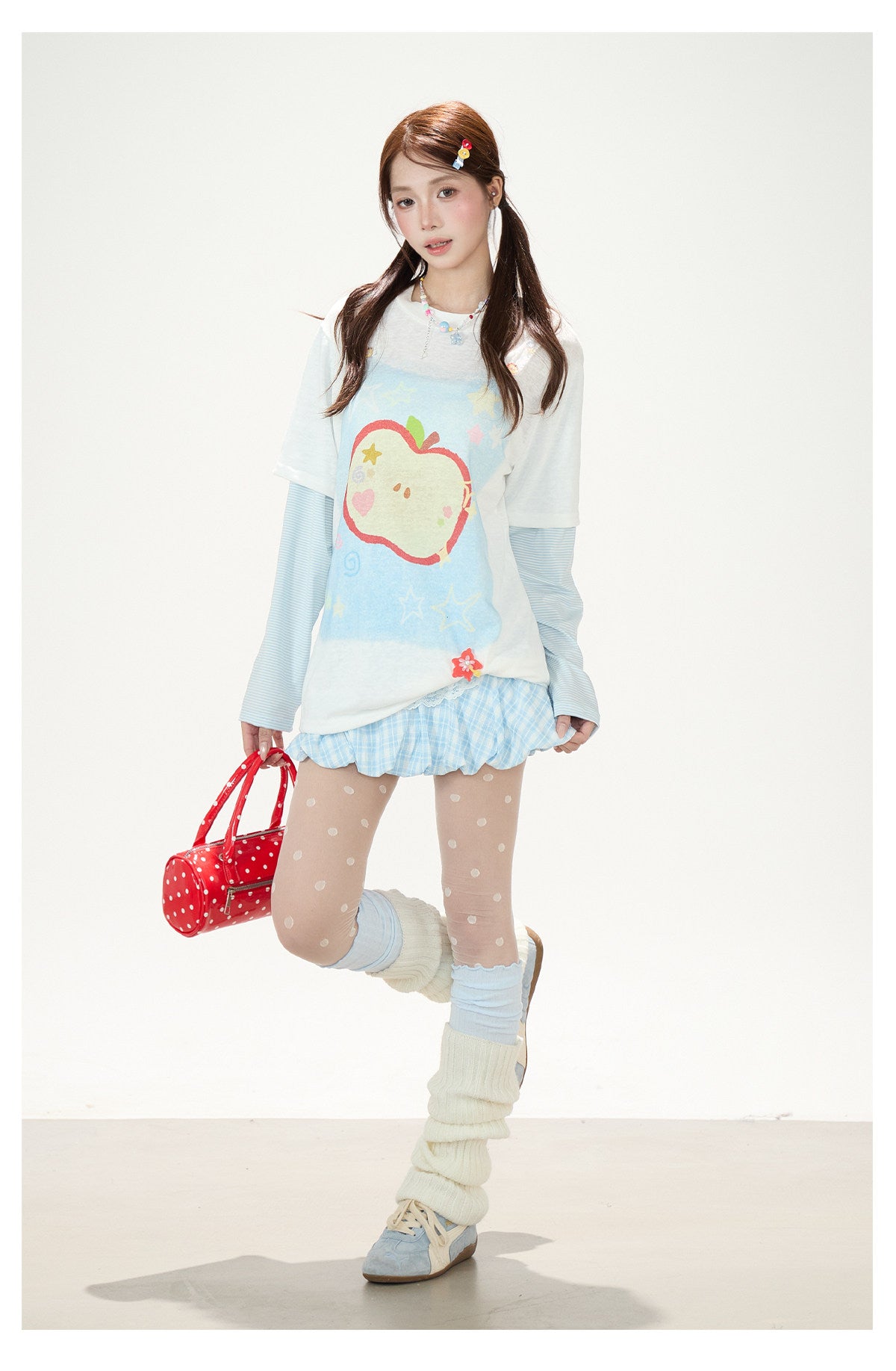 Apple Doodle Layered Long Sleeve Tee & Light Blue Ruffle Mini Skirt