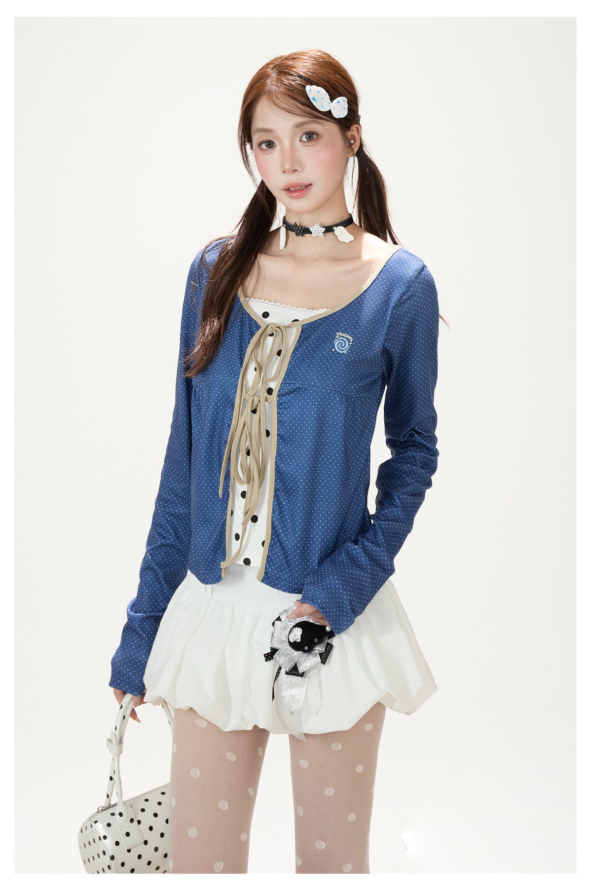 Polka-Dot Lace-Up Layered Long Sleeve Top & White Mini Skirt